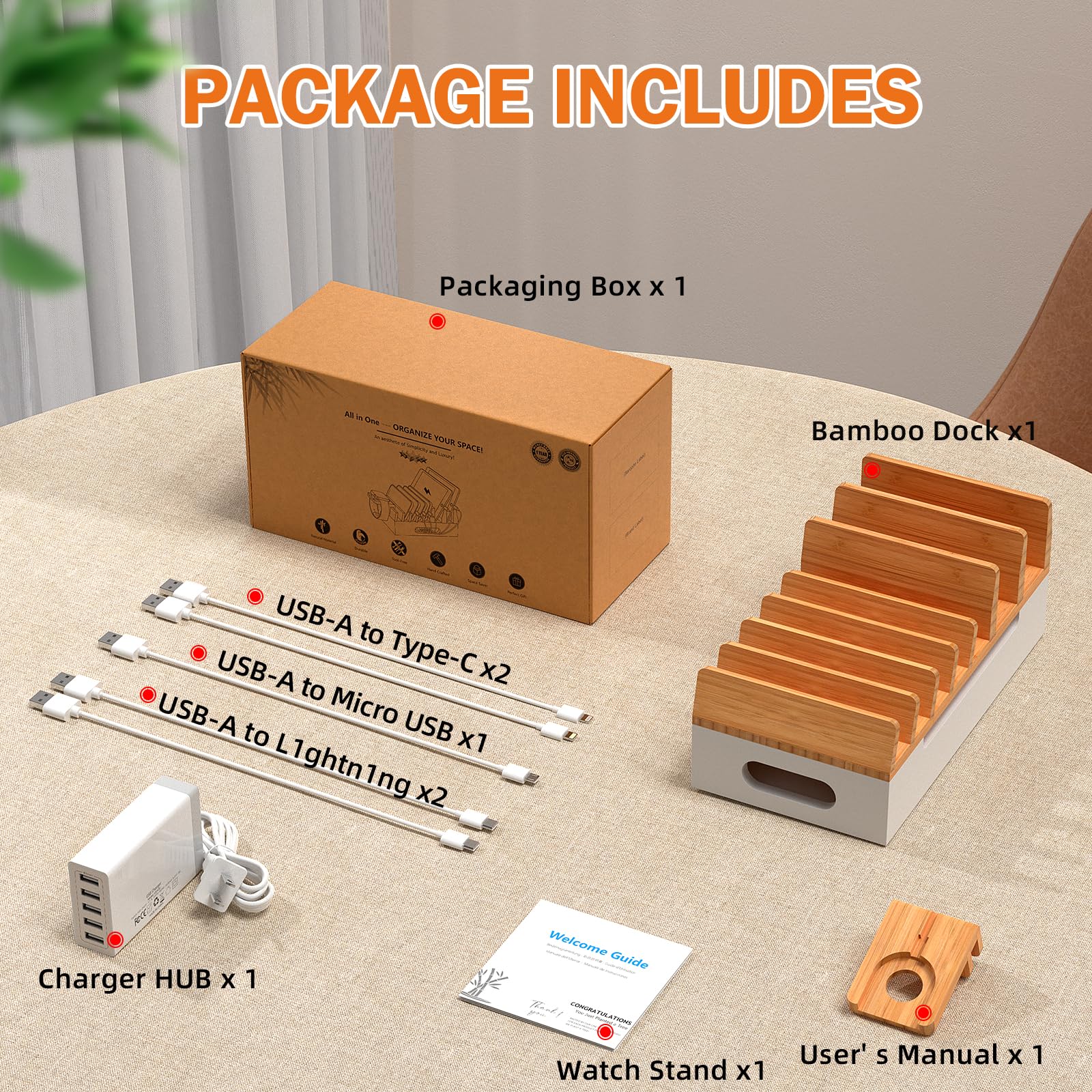 Pezin & Hulin Station de charge en bambou avec support de montre, support d'accueil pour appareils multiples avec hub de chargeur USB, 5 câbles de charge, organiseur électronique de bureau pour