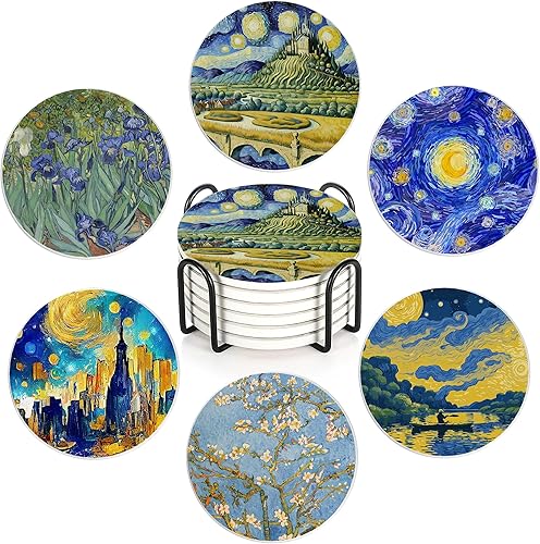 Juego de 6 posavasos con soporte, posavasos de cerámica absorbentes estilo Van Gogh con base de corcho, se adaptan a todas las tazas, gran regalo