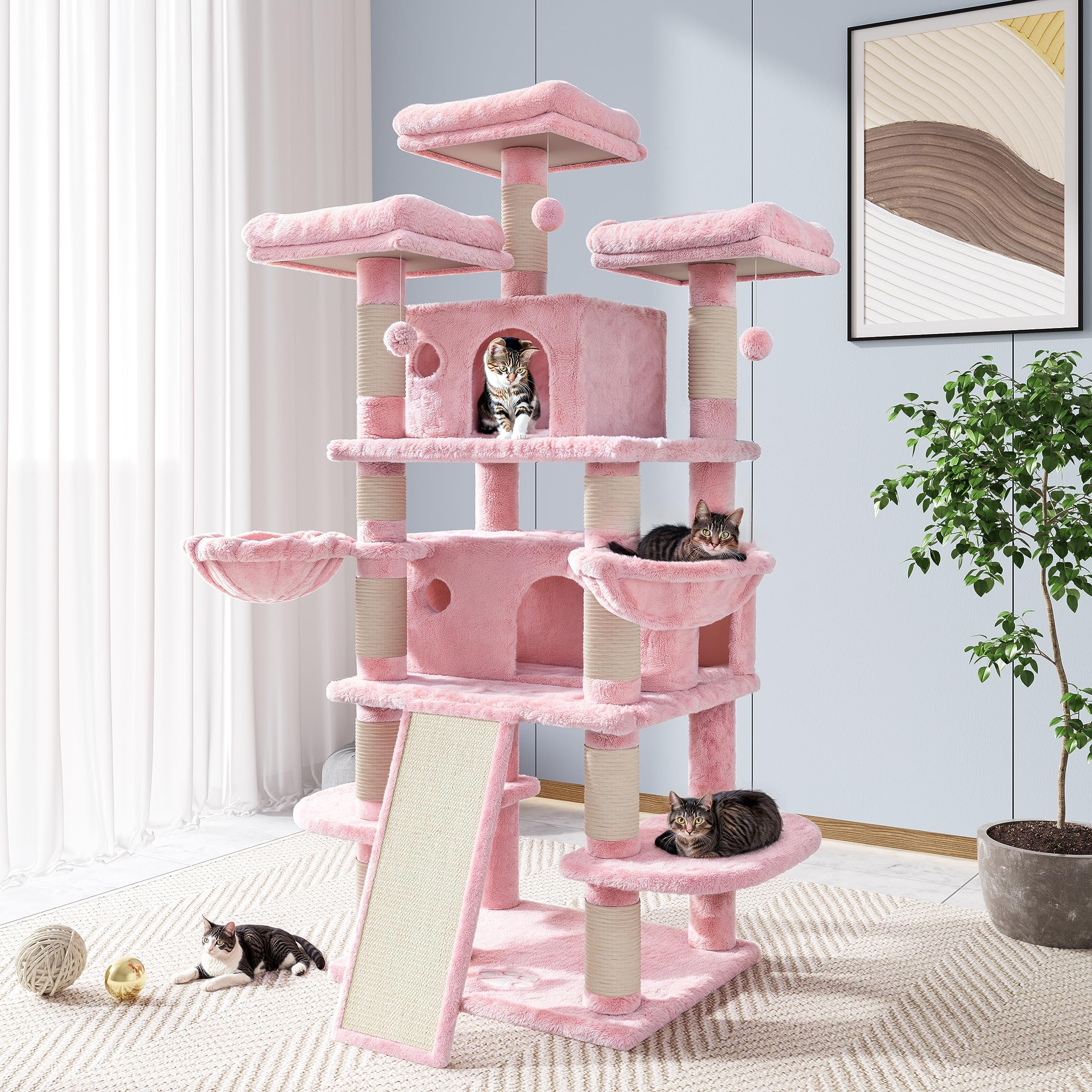 Allewie 68 Inches Catry Cat Tree/Cat Tree House and Towers for Large Cat/Cat Climbing Tree with Cat Condo/Cat Tree Scratching Post/Multi-Level Large Cat Tree/Pink