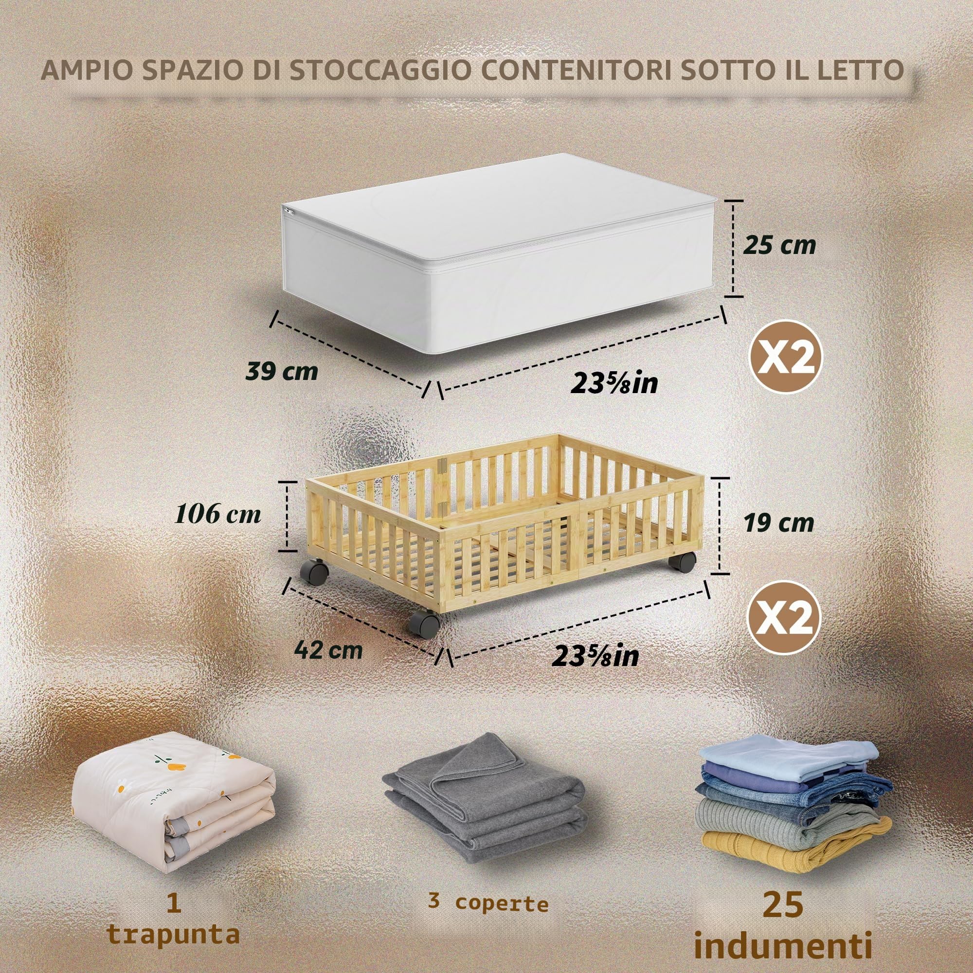 Contenitori in bambù sotto il letto con ruote, confezione da 2 contenitori per scarpe sotto il letto, cassetti in legno con organizer per borse, per camera da letto, lenzuola, vestiti, coperte