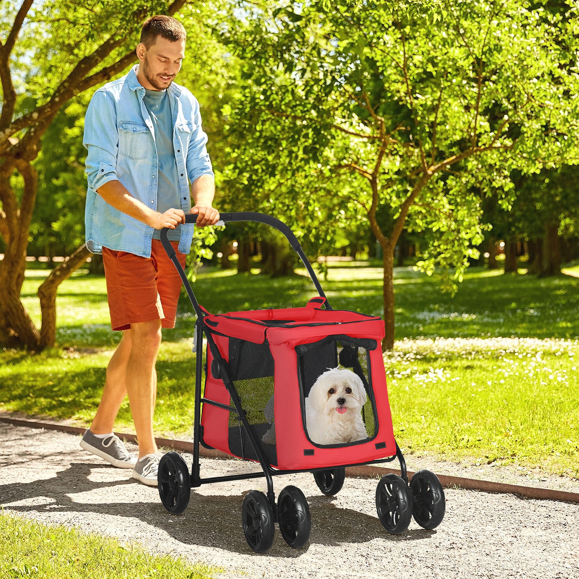 PawHut Carrozzina pieghevole per cani gatti cuscino incluso ruote con freno tessuto 600D Oxford acciaio 102 x 62 x 105 cm rosso