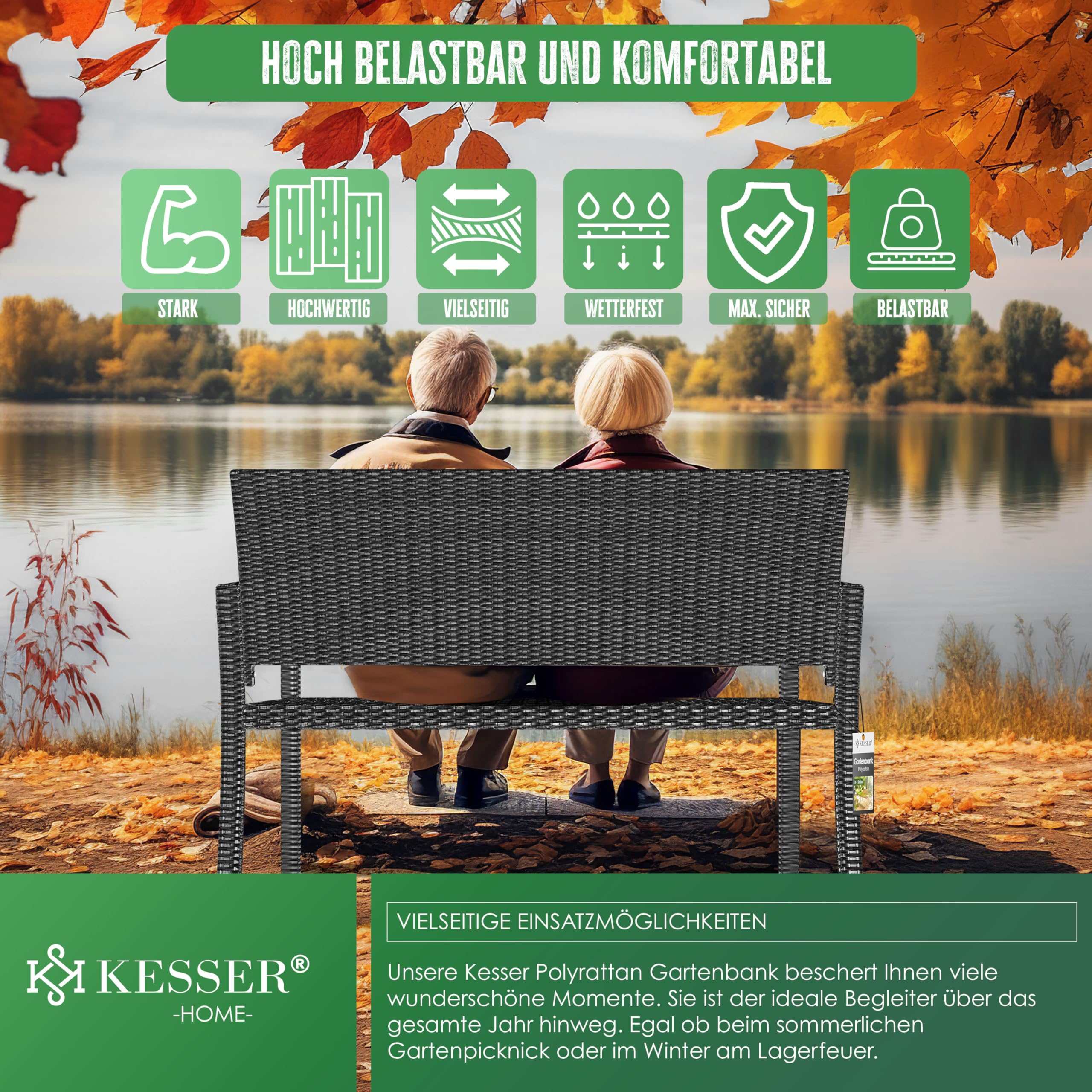 KESSER® Panca da giardino in polyrattan, resistente alle intemperie, resistente ai raggi UV e portata fino a 320 kg, 125 x 62 x 90 cm, mobili da giardino con braccioli ergonomici, per 2 persone,