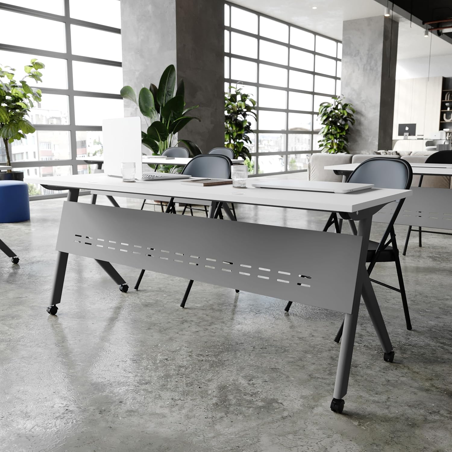 BizChair Commercial Grade 72" x 24" Heavy-Duty Nesting Flip Training Table with Y-Legs, Modesty Panel, 1" Thick White Tabletop, and Gray Steel Frame