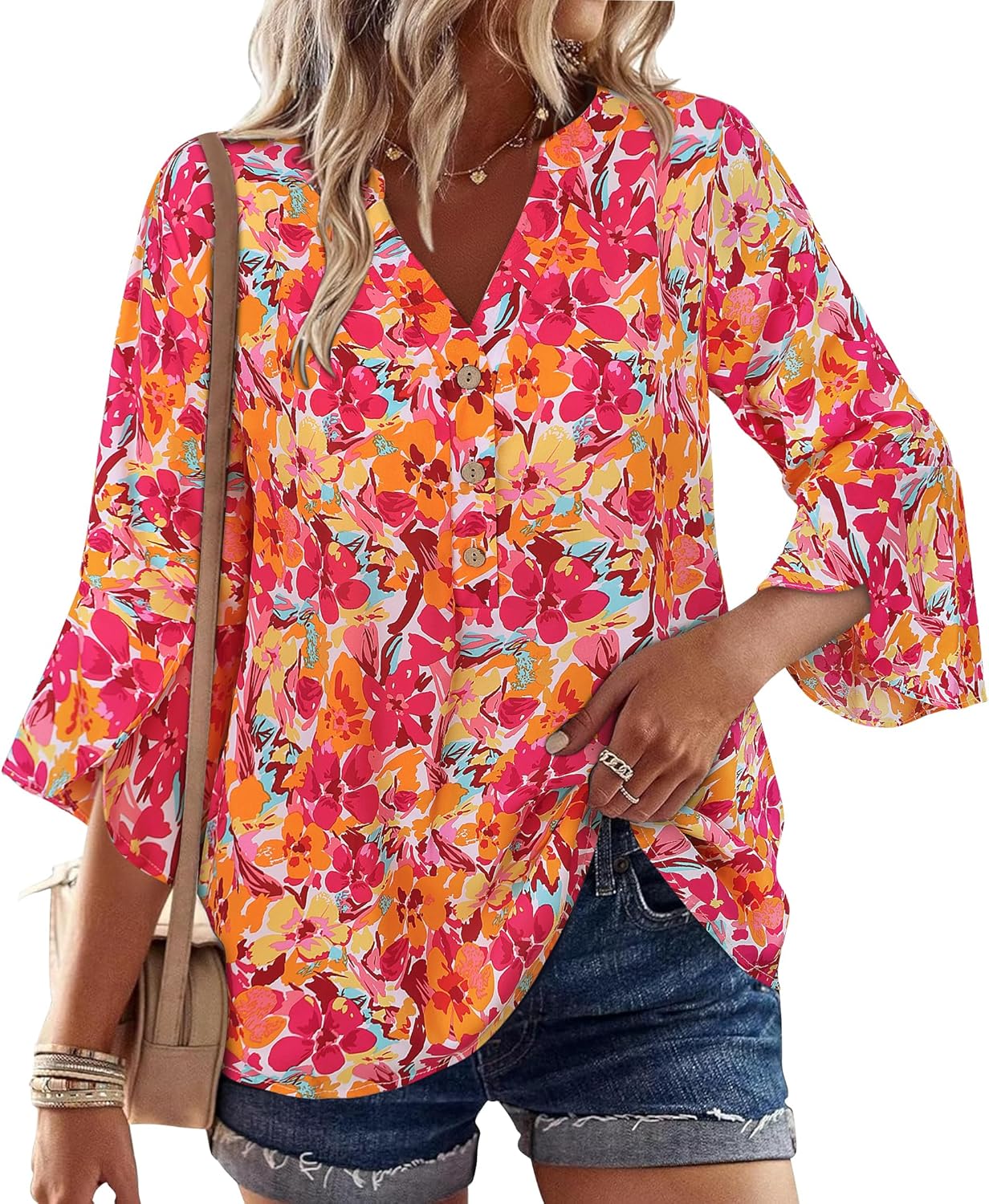 Womens Boho Tops Ruffle 3/4 Sleeve Button V-Neck Dressy Casual 2025 Fall Bell Sleeve Floral Business Blouses