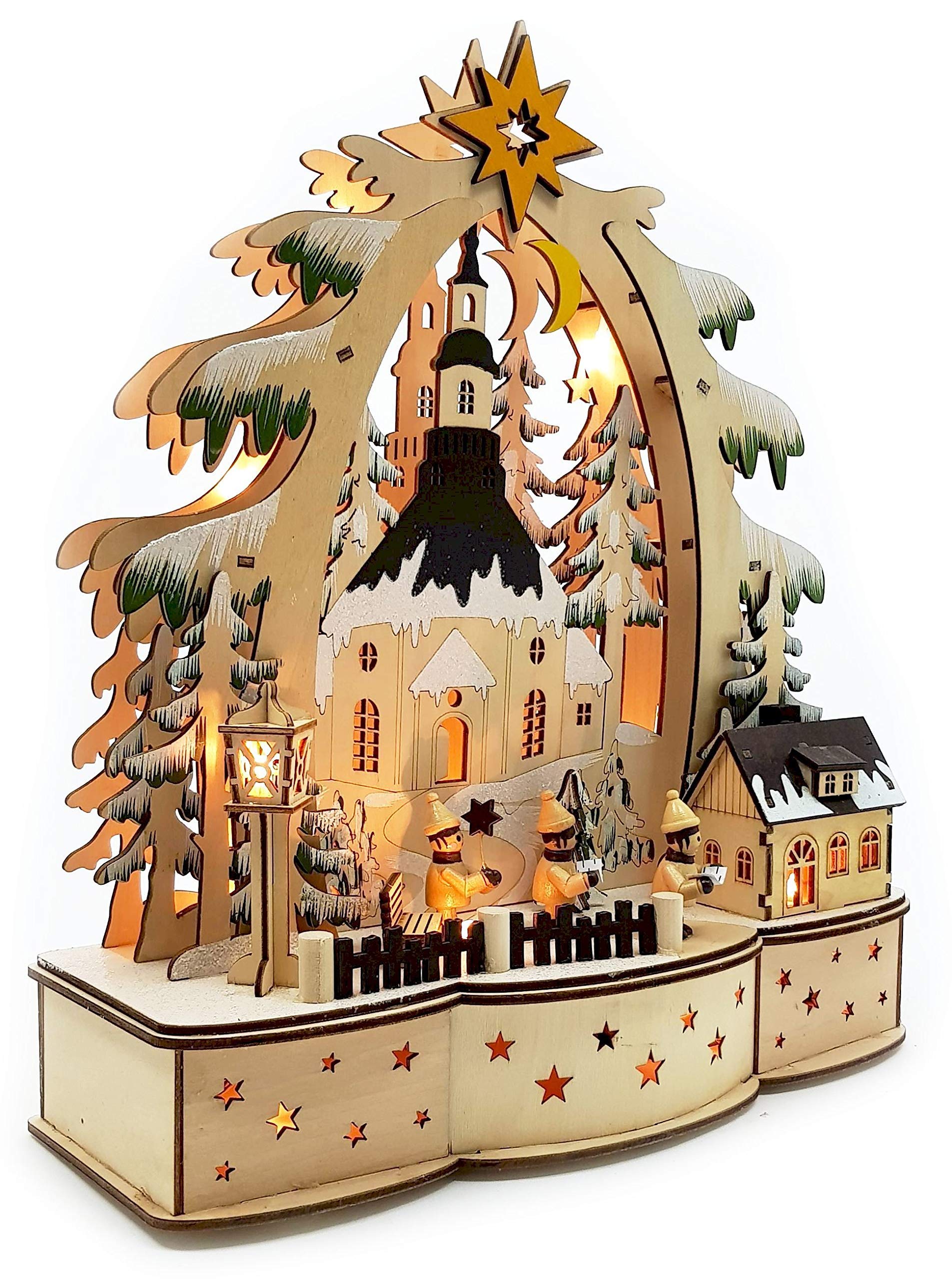 Wichtelstube-Kollektion Schwibbogen, handbemalt und detailreich, Hochwertiges Echtholz, Innenbeleuchtet mit Timer Funktion, Schwippbogen Weihnachten, Sparsam im Batteriebetrieb
