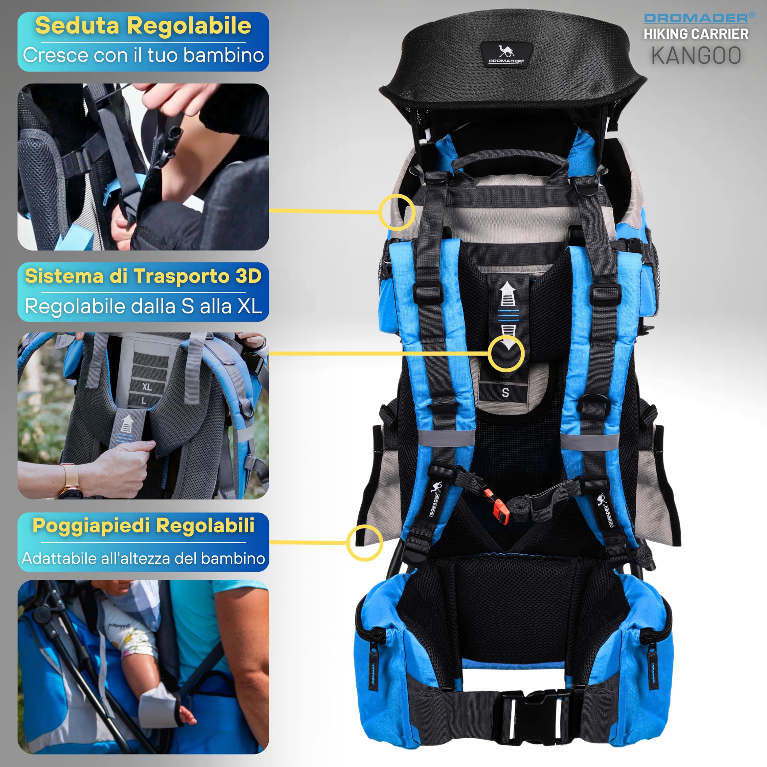 DROMADER Zaino Porta Bambino Montagna - Zaino Porta Bimbo fino a 22kg con Parasole, Parapioggia, Tasca Isolante, Materassino Fasciatoio - Telaio Pieghevole con Una Mano - Blu