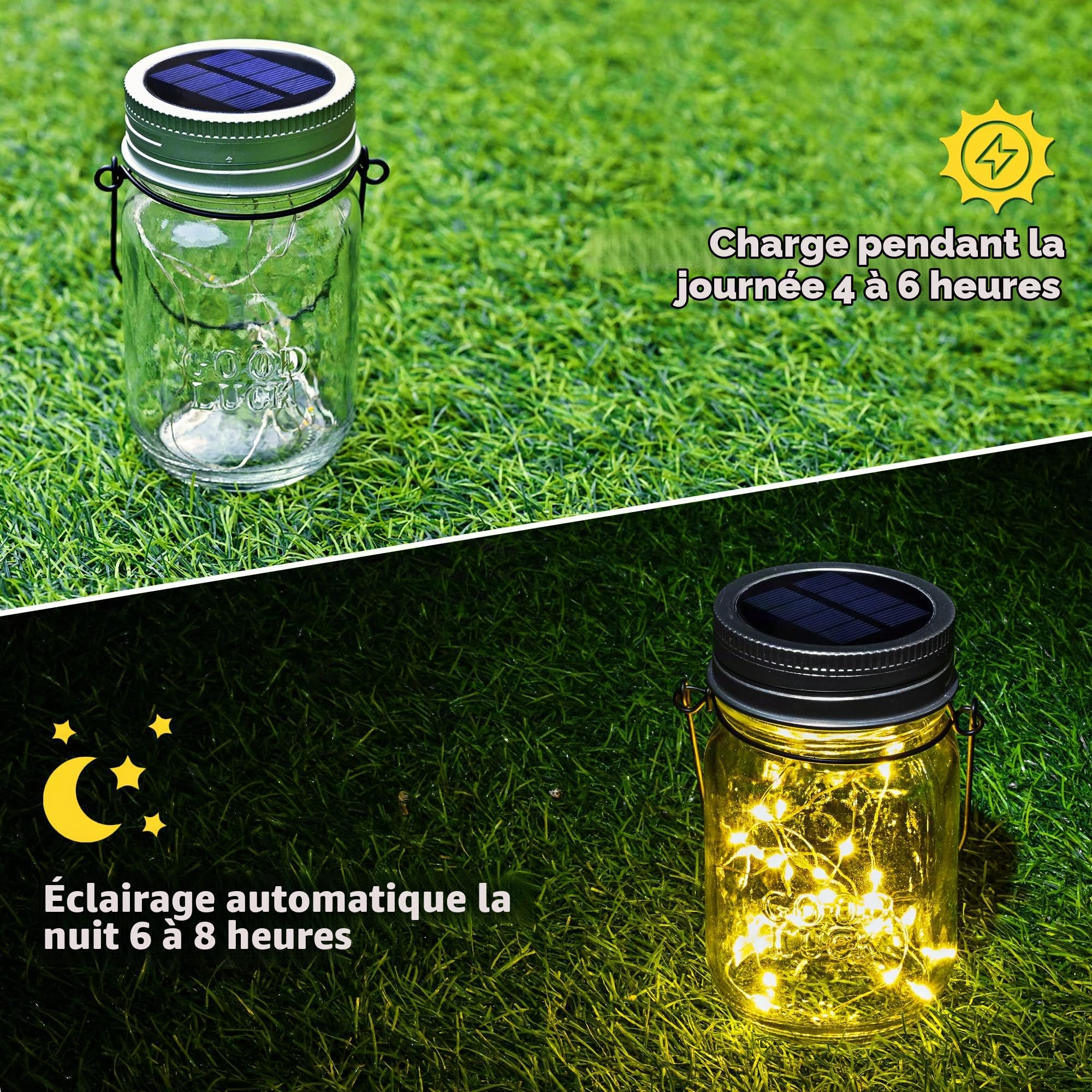 Lanterne solaire 6 pièces verre solaire Lanterne solaire d'extérieur, suspendue, lumière chaude, verre LED, lampes de table pour jardin, terrasse, balcon, blanc chaud