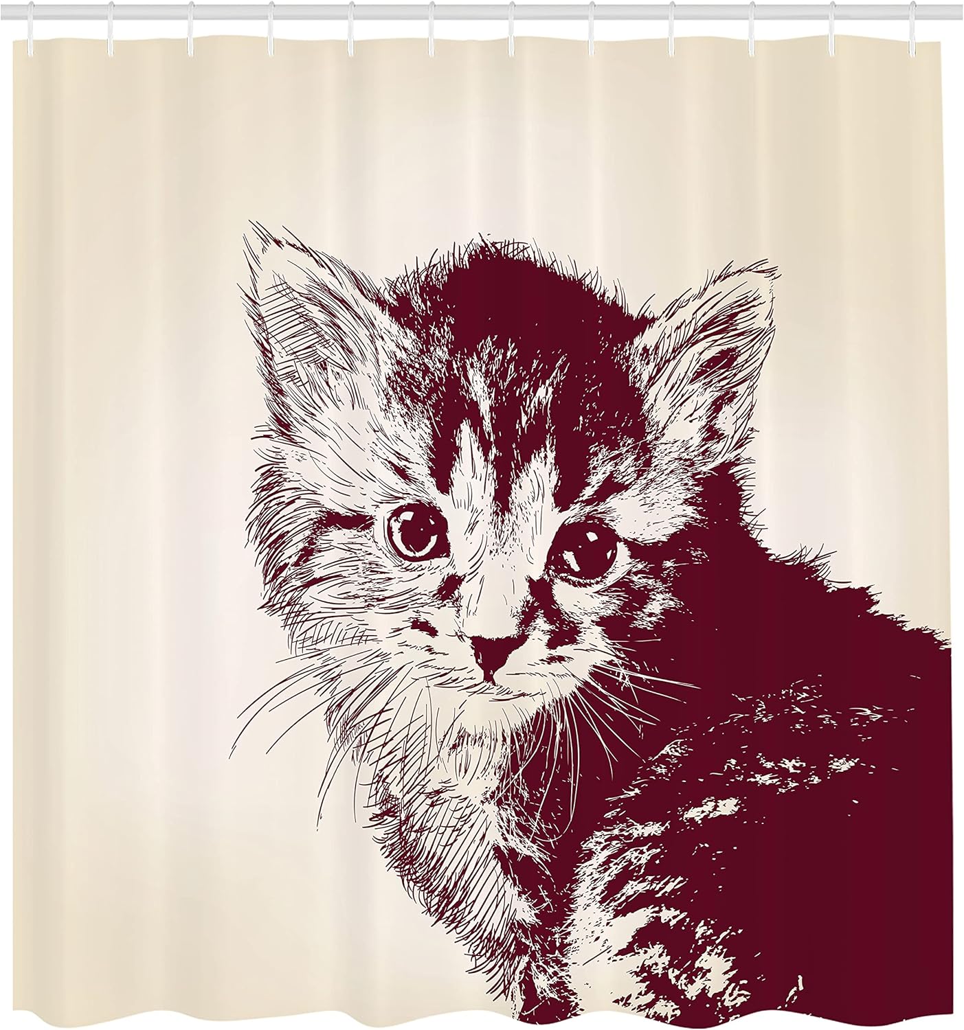 Ambesonne Cat Shower Curtain, Grunge Style Illustration of a Little Innocent Kitty on a Vintage Background, Cloth Fabric Bathroom Decor Set with Hooks, 69" W x 70" L, Maroon Cream
