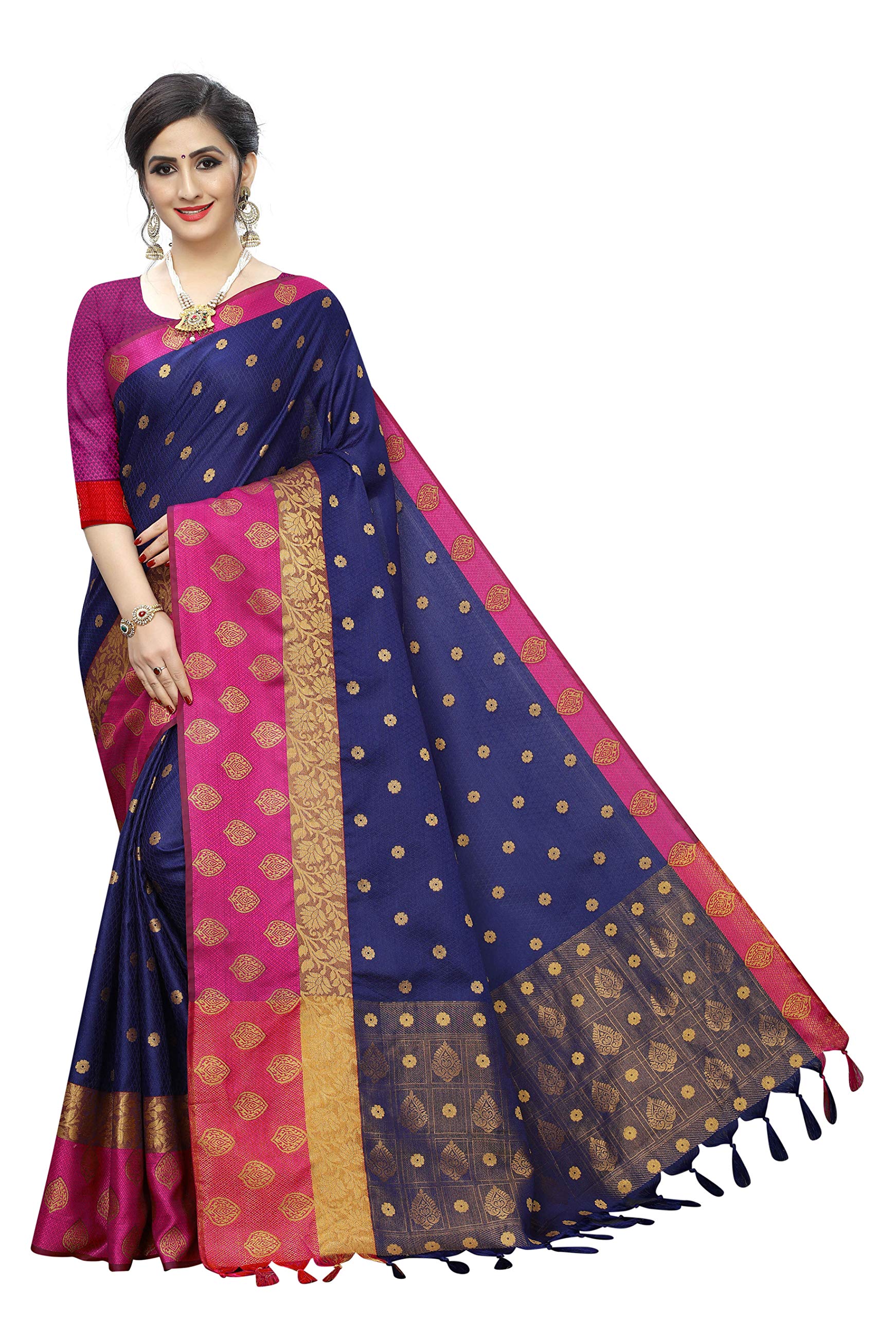 Enthone Women's Kanjivaram style Banarasi Kora Muslin Silk Saree With Blouse Piece(Navy Blue)
