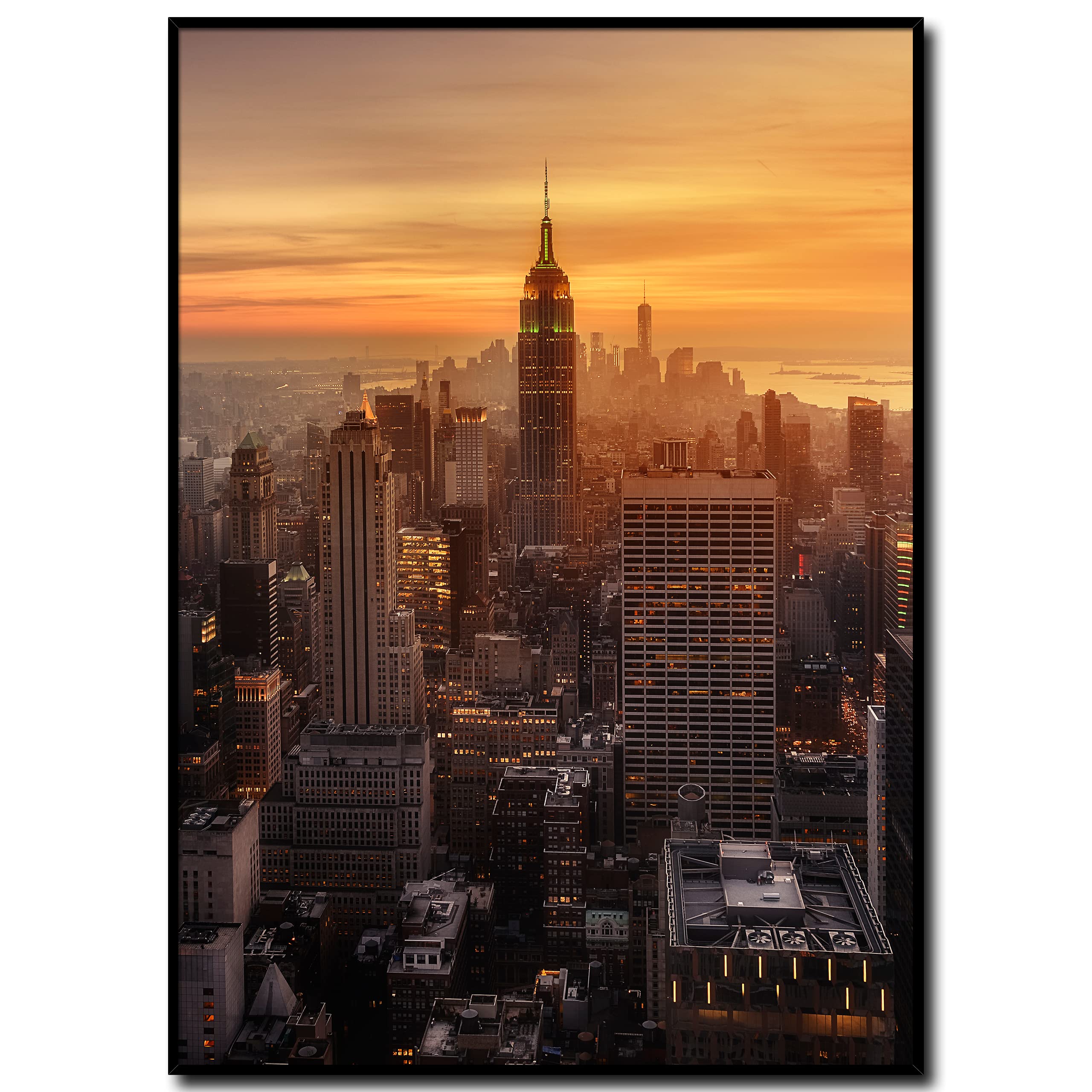 daazoo Wandbild Empire State Building Sunset | 50 x 70 cm Hochformat | Bild mit Rahmen schwarz Hochformat | groß XXL City | New York Wahrzeichen Skyline | Wohnzimmer Büro