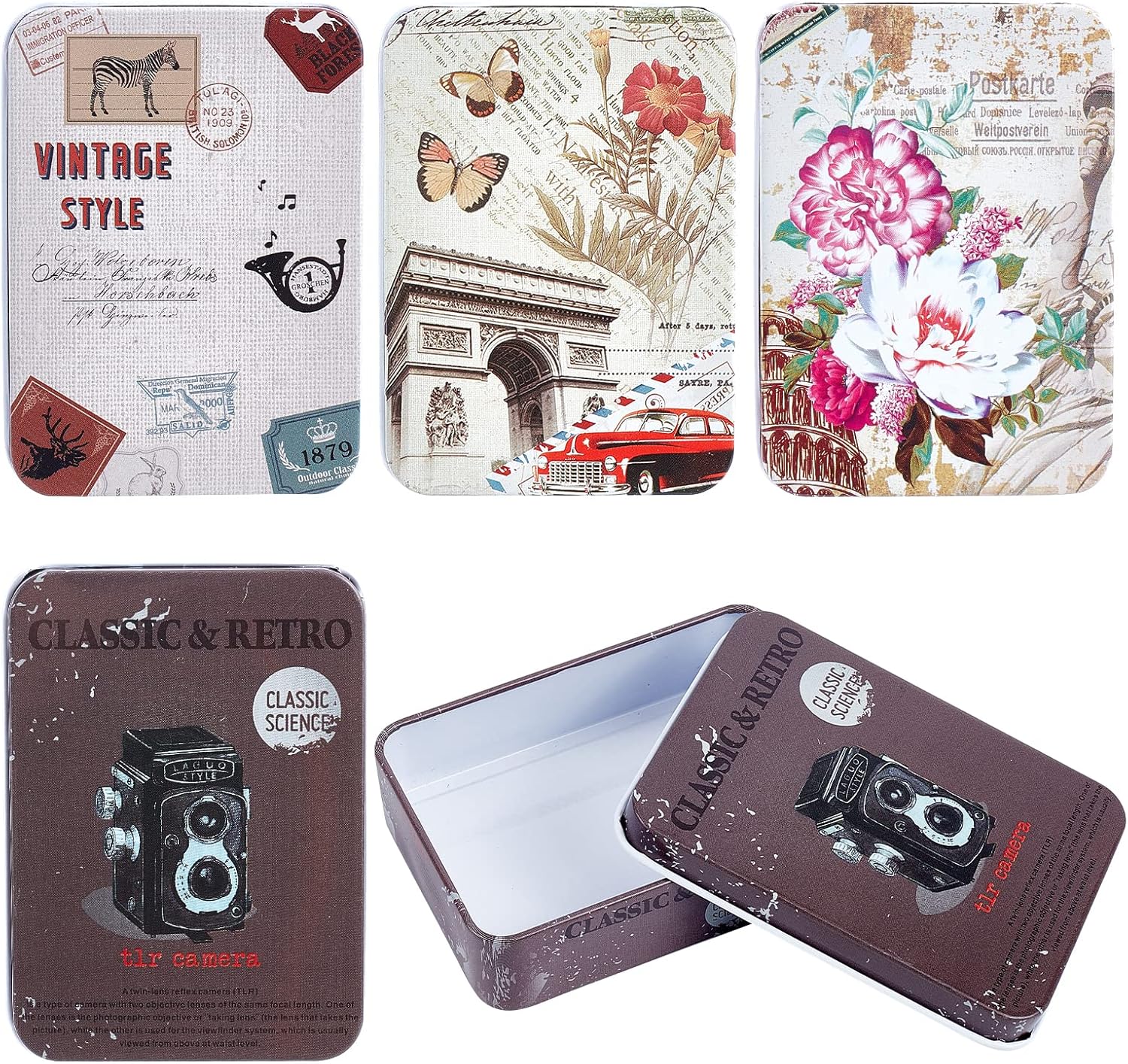 CREATCABIN 4Pcs Vintage Metal Tin Box Gift Card Holder Rectangular Tinplate Box Containers Christmas Small Wrap Boxes with Lids Hinged Storage Cans for Home Kitchen Candles Jewelry Coin Cake Biscuits