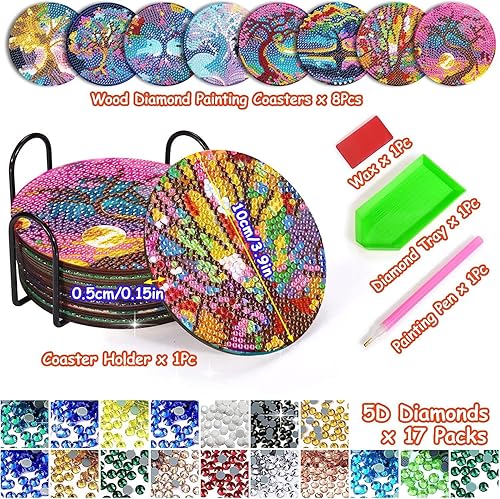 Miniatura 2 de Juego de 8 posavasos de pintura de diamantes, posavasos de pintura de diamante 5D, posavasos de arte de diamante con soporte, posavasos