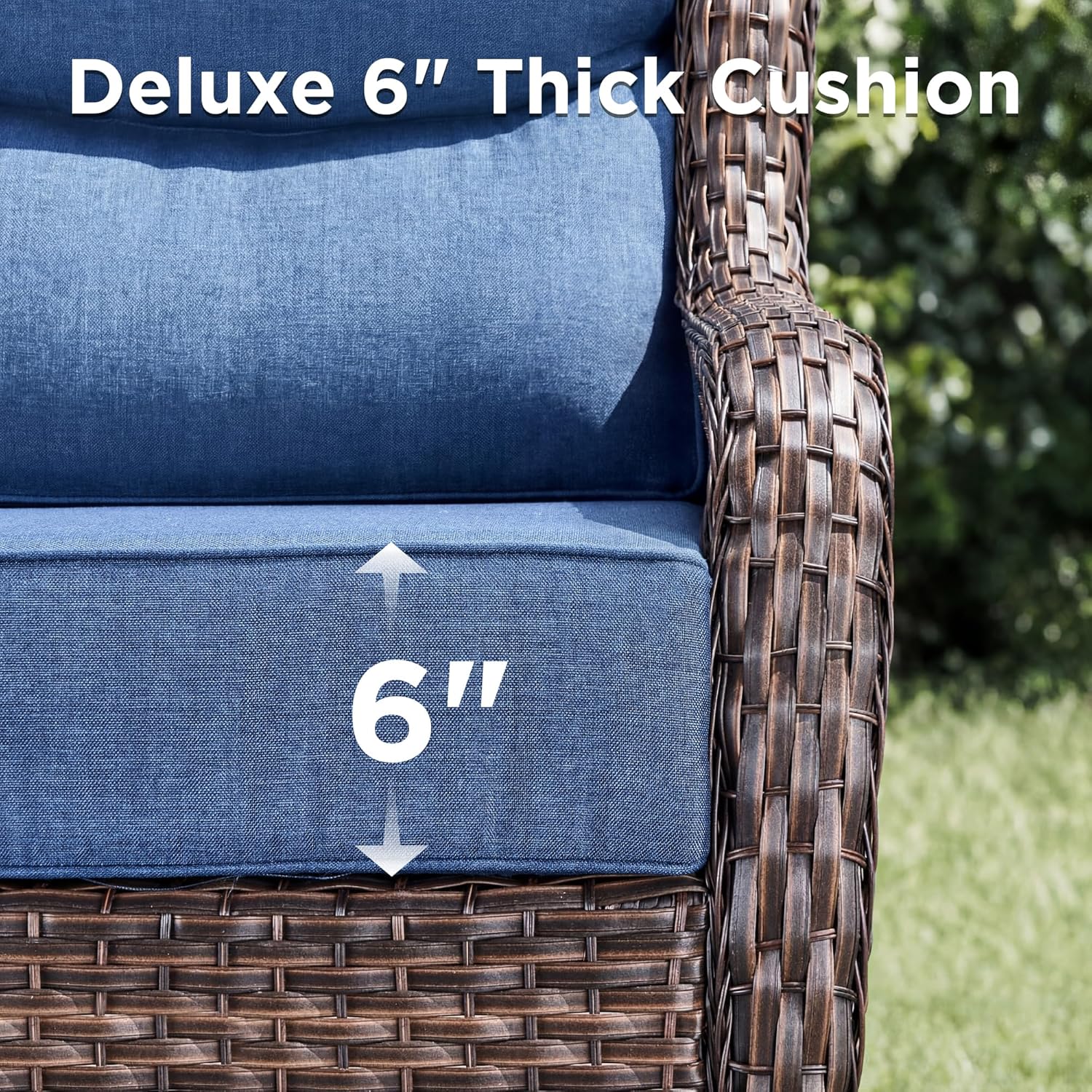 Luxury Patio Furniture Set with Fire Pit Table-6 Pieces All Weather Outdoor Swivel Rocker Chairs with Sofa and Ottomans. Outdoors Patio Conversation Sets for Porch Deck Garden Backyard(Brown/Blue)