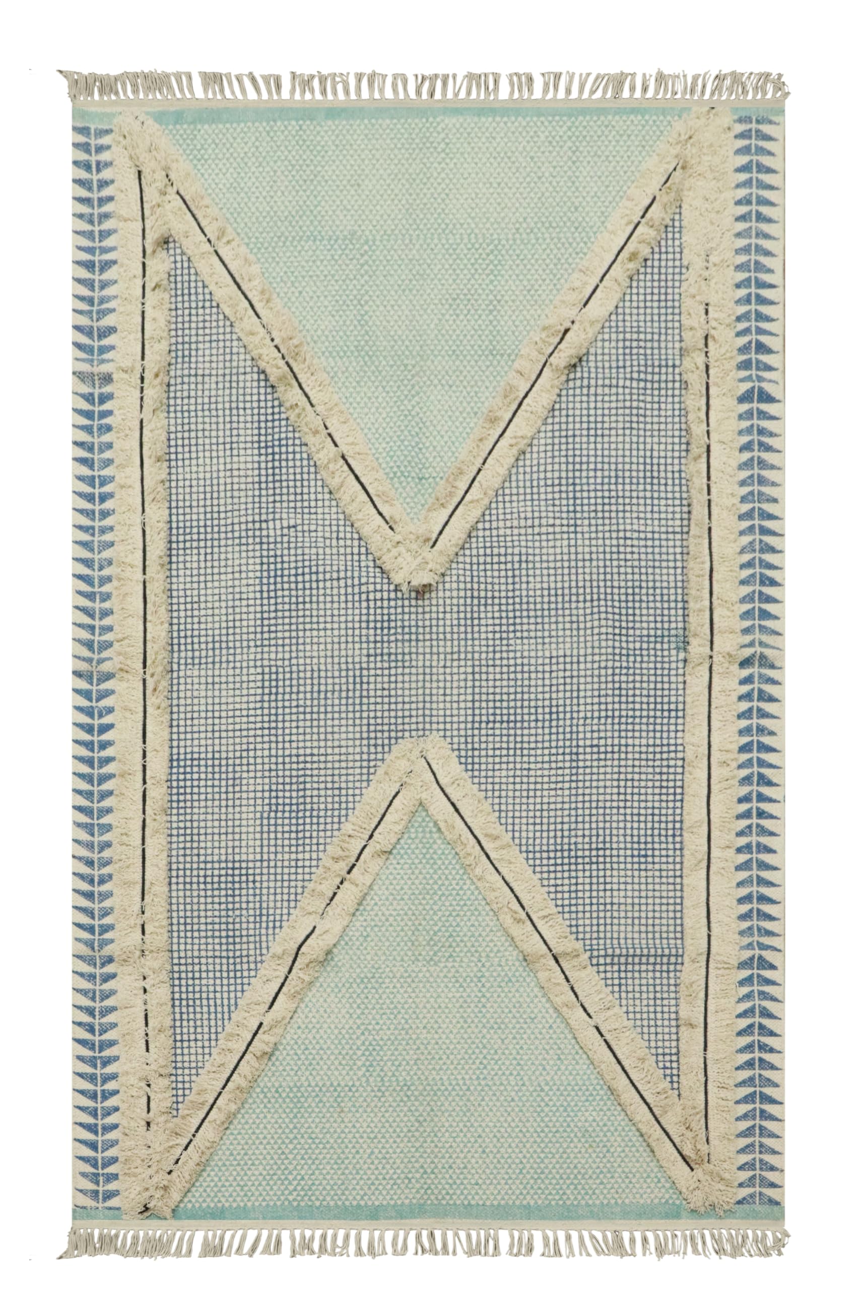 Tapis kilim fait main en coton bleu géométrique, artisanat textile haut de gamme