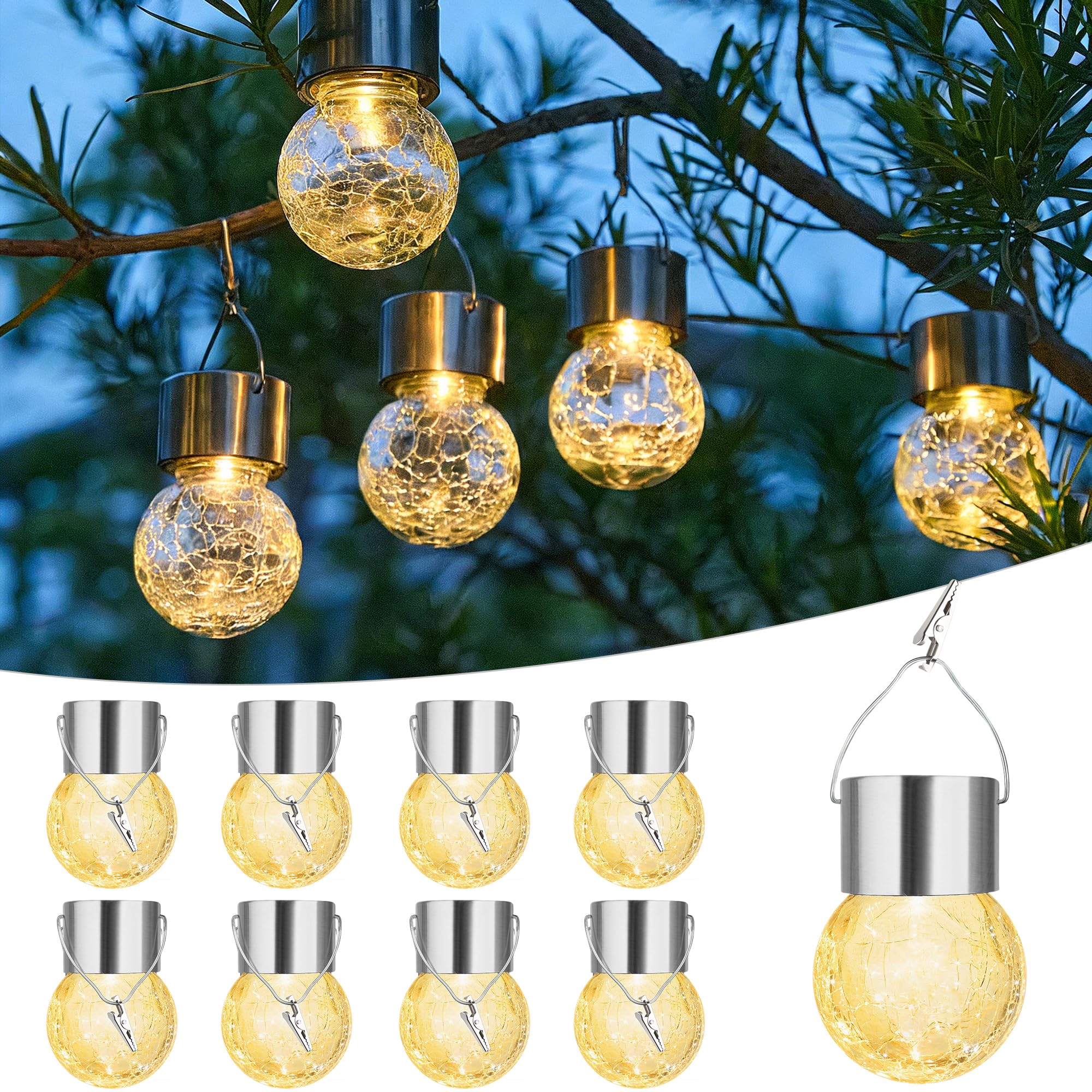 Photo 1 of HMKAIJUFUL Solar Lanterns, 8 Pack Warm White Cracked Glass