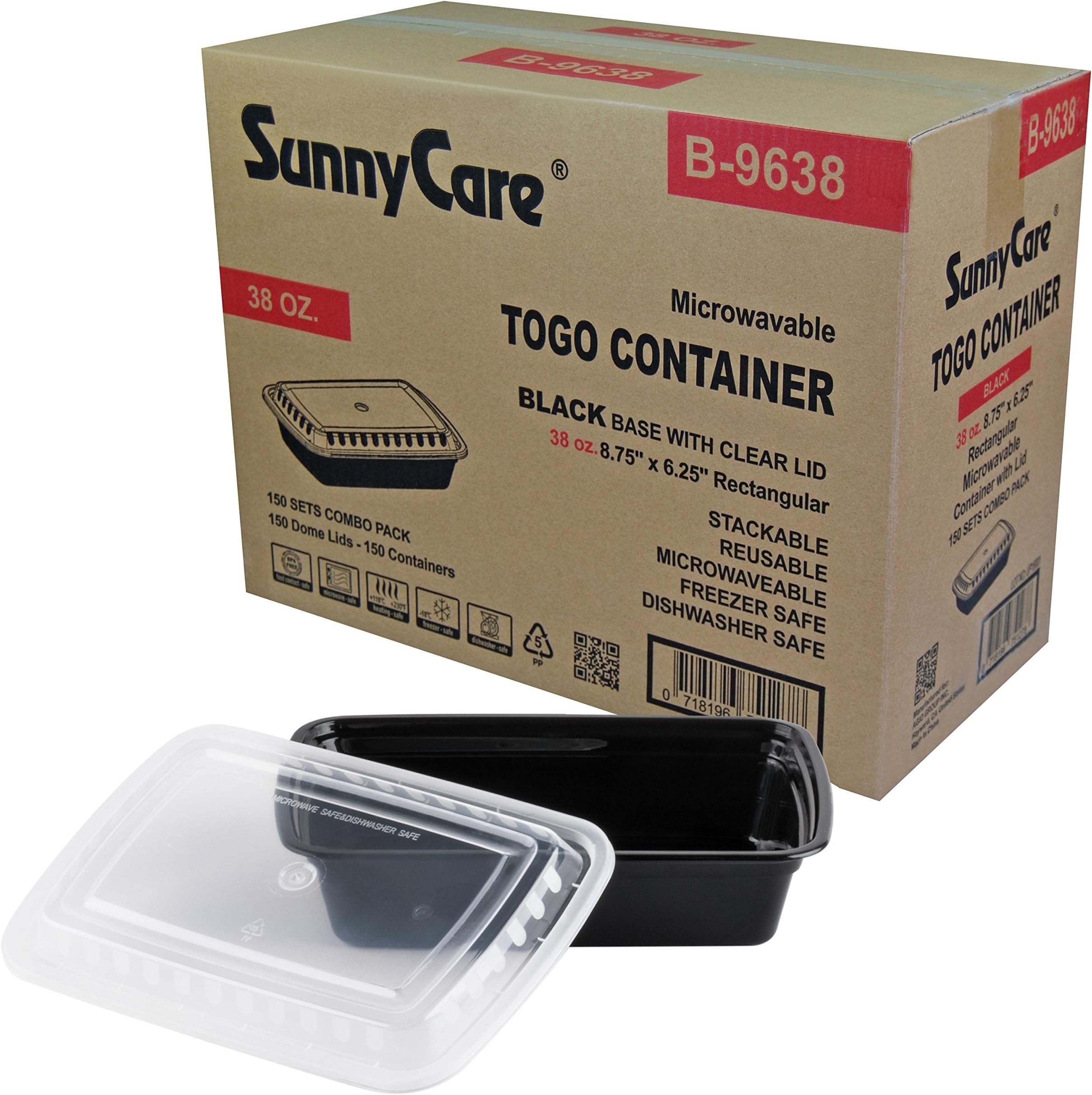 SunnyCare#B9638 Black 38 oz. Rectangular Microwavable Container with Lid - 150 / Cs