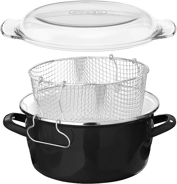 Premier Housewares 5L Deep Fat Fryer Enamel Chip Pan Fryer Glass Lid Chip Fryer Deep Frying Pan Black Deep Fryers Fryer Basket Small Fryer 16x33x27