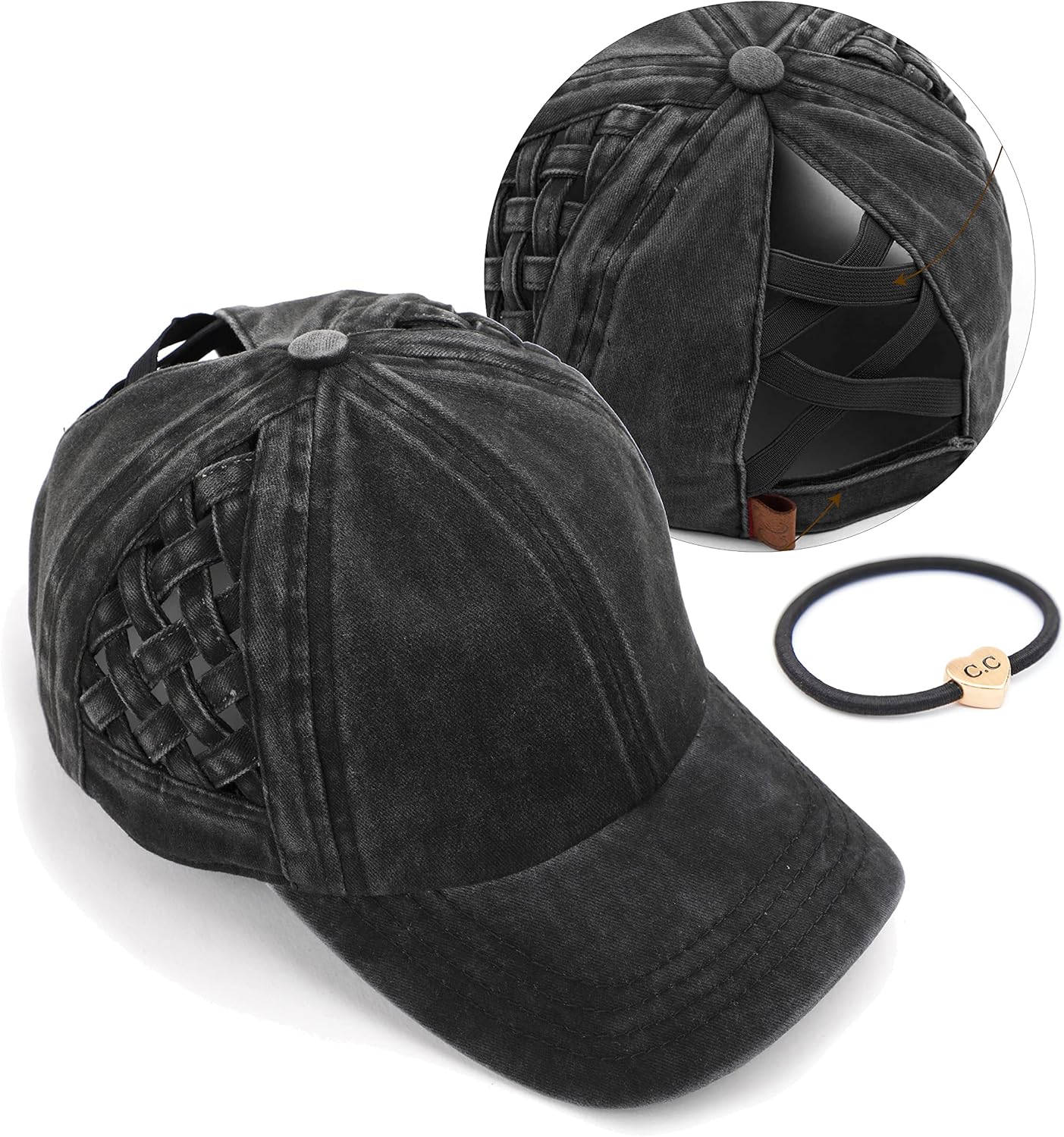 C.C Exclusives Washed Cotton Denim Basket Weave Criss-Cross Ponytail Baseball Cap Bundle Hair Tie (BT-922)