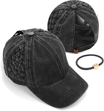 C.C Exclusives Washed Cotton Denim Basket Weave Criss-Cross Ponytail Baseball Cap Bundle Hair Tie (BT-922)