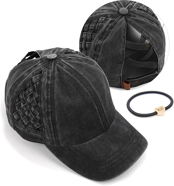 C.C Exclusives Washed Cotton Denim Basket Weave Criss-Cross Ponytail Baseball Cap Bundle Hair Tie (BT-922)