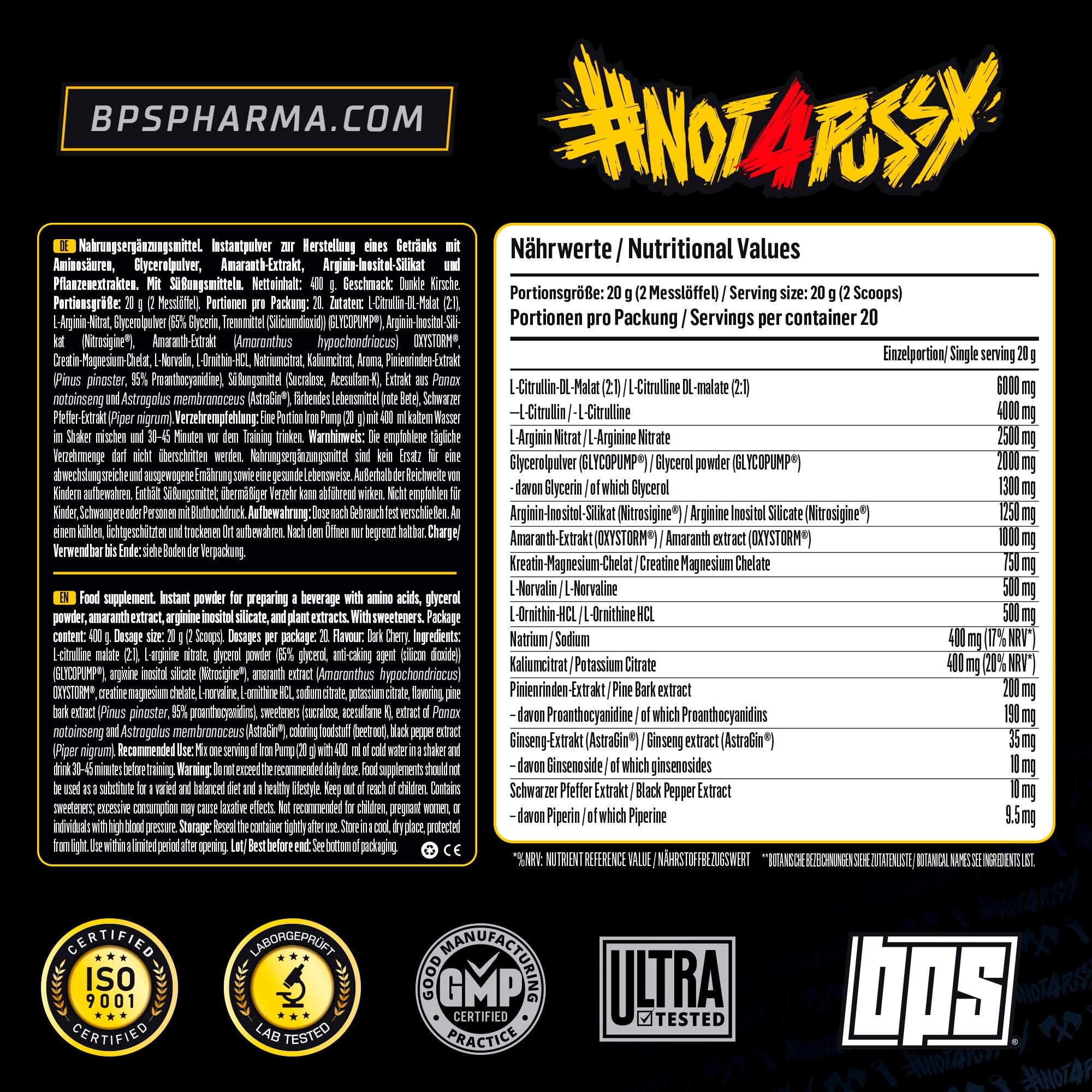 BPS PHARMA IRON PUMP – Pre Workout Pump Booster ohne Koffein – Für Training, Fokus & Muskelpump – Mit Citrullin & Arginin – Pfirsich Eistee Geschmack – 400 g