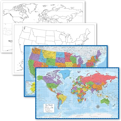 Palace Learning Paquete de 4 pósteres de contorno en blanco de Estados Unidos y Mapas del Mundo y de Estados Unidos océano azul (laminado, 18 x 29