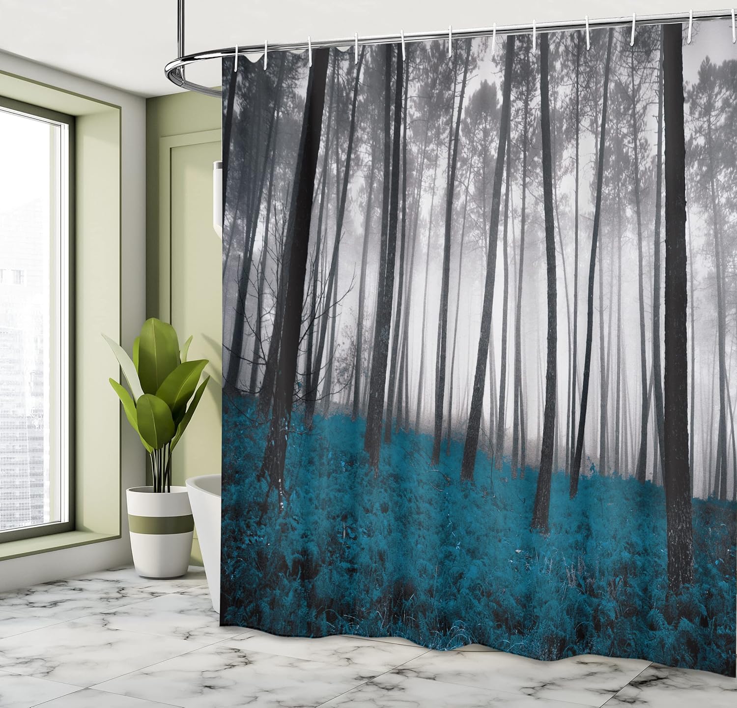 Ambesonne Forest Shower Curtain, Mystical Fantasy Woodland Under Heavy Fog Tall Trees Bushes Contrast Colors, Cloth Fabric Bathroom Decor Set with Hooks, 69" W x 70" L, Petrol Grey