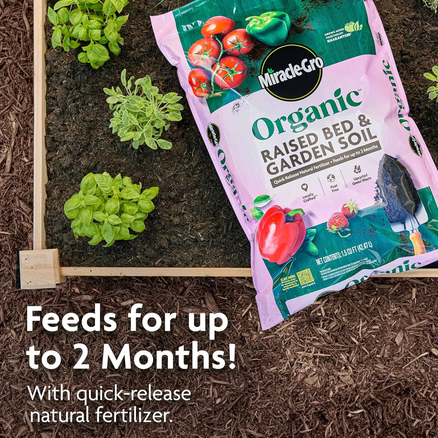 Miracle-Gro Organic Raised Bed and Garden Soil Bulk Pallet, Quick Release Natural Fertilizer, Peat Free, OMRI Listed, 1.5 cu. ft. Bags, Pallet of 50