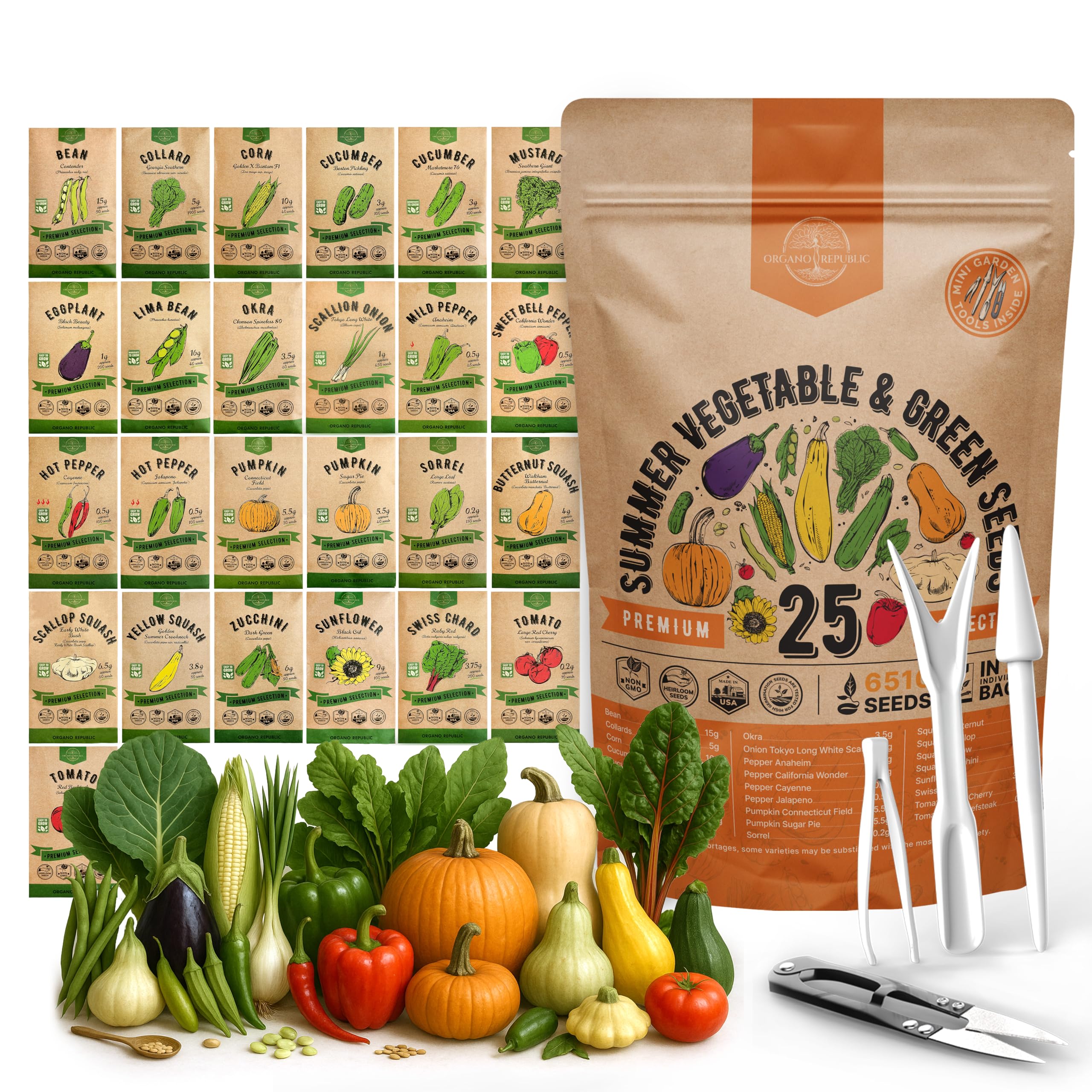 Organo Republic 25 Summer Vegetable Garden Seed Variety Pack - 6,510+ Non-GMO Heirloom Veggie & Greens Seeds for Outdoors & Indoor Home Garden, Including Collards, Pepper, Okra, Onion, Bean, Cucumber