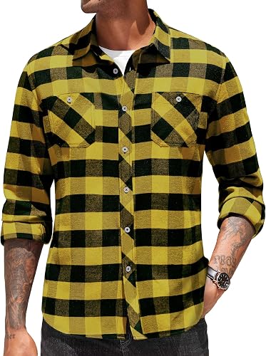 COOFANDY Mens Flannel Shirt Long Sleeve Checked Shirt Yel…