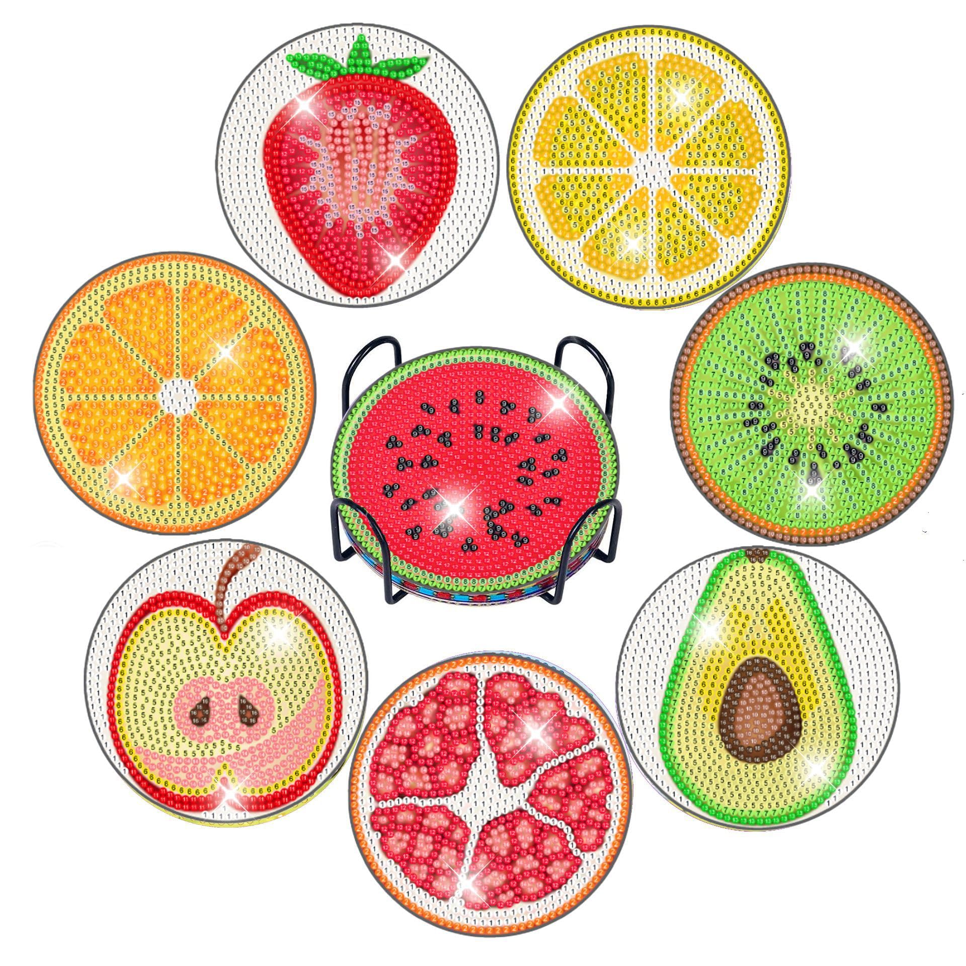 8 Pcs Diamond Art Painting Coasters Kits,cute Coaster with Holder for Adults, Non-Slip DIY Dot Paint Craft Kits,5D Full Drill DIY Diamond Dot Gem Art Kit Home Decor Arts Craft (Summer Fruits)