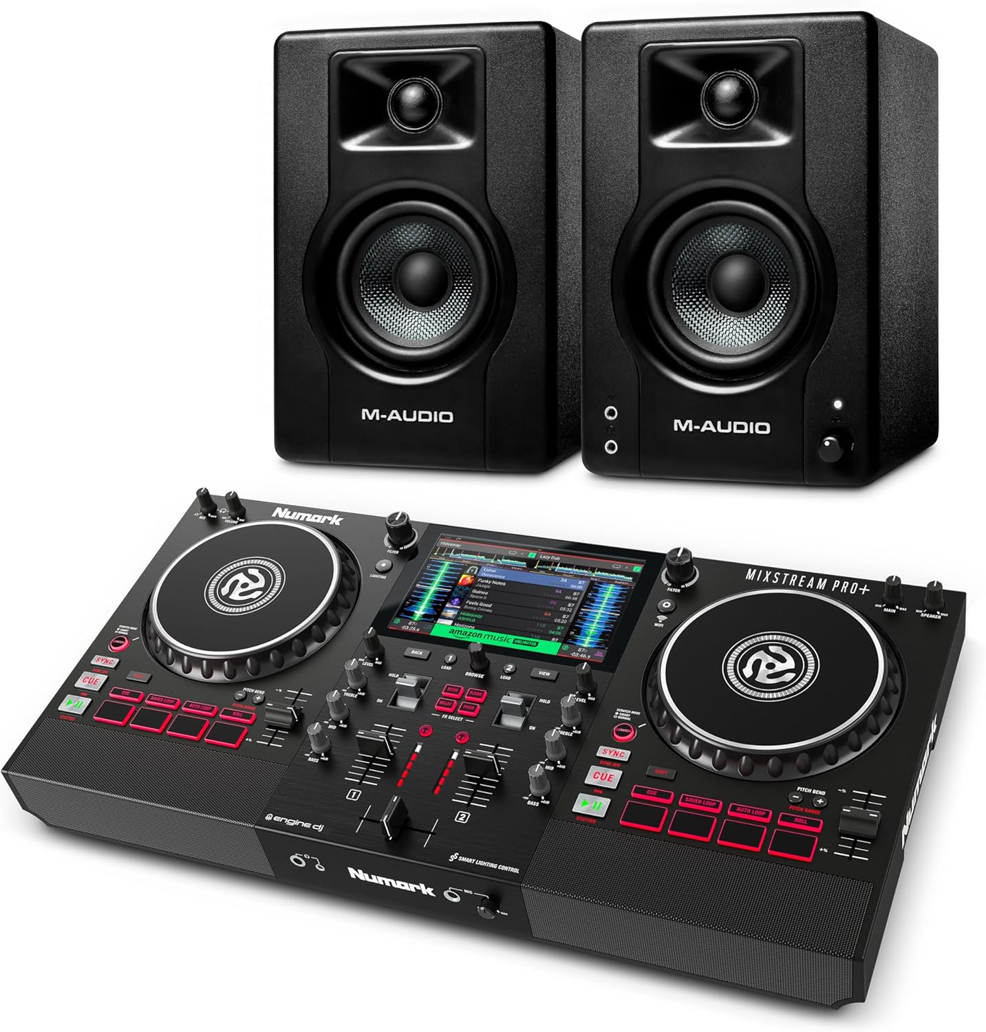 Numark Mixstream Pro+ DJ Controller and M-AUDIO BX3 Pair Studio Monitors with Headphones for Studio Recording, Music Production, Podcasting, Streaming