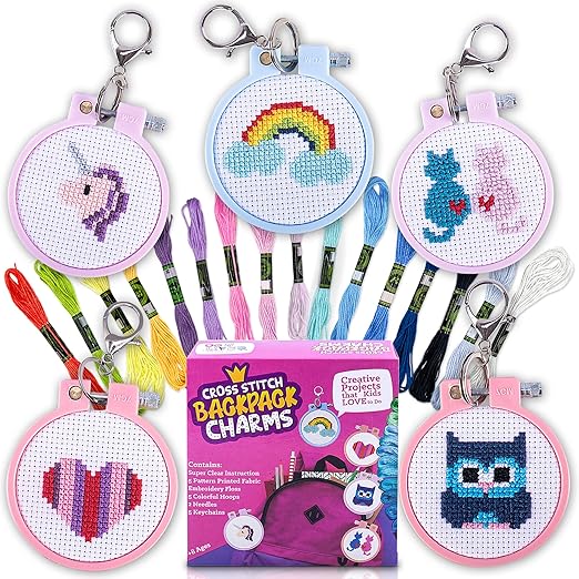 Cross Stitch Kits For Beginners. 5 Stamped Cross Stitch Kits for Kids.Needlepoint Kits For Beginners. Embroidery Kit For Kids. Crossstitch Kit For Beginners. Girls cross stitch kit Backpack Charms