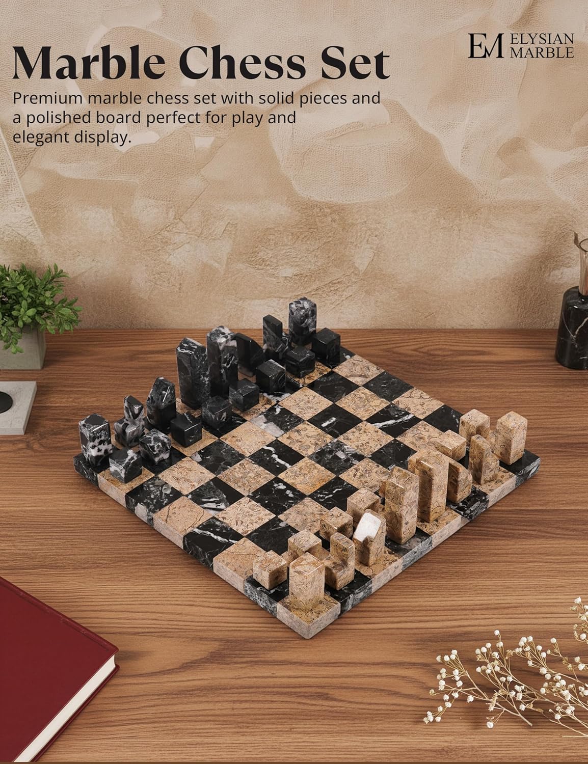 Modern Chess Set – Handcrafted Borderless Marble Chess Board with Minimalist Geometric Pieces, Luxury Decorative Chess Game for Coffee Table, Home Décor & Gifts