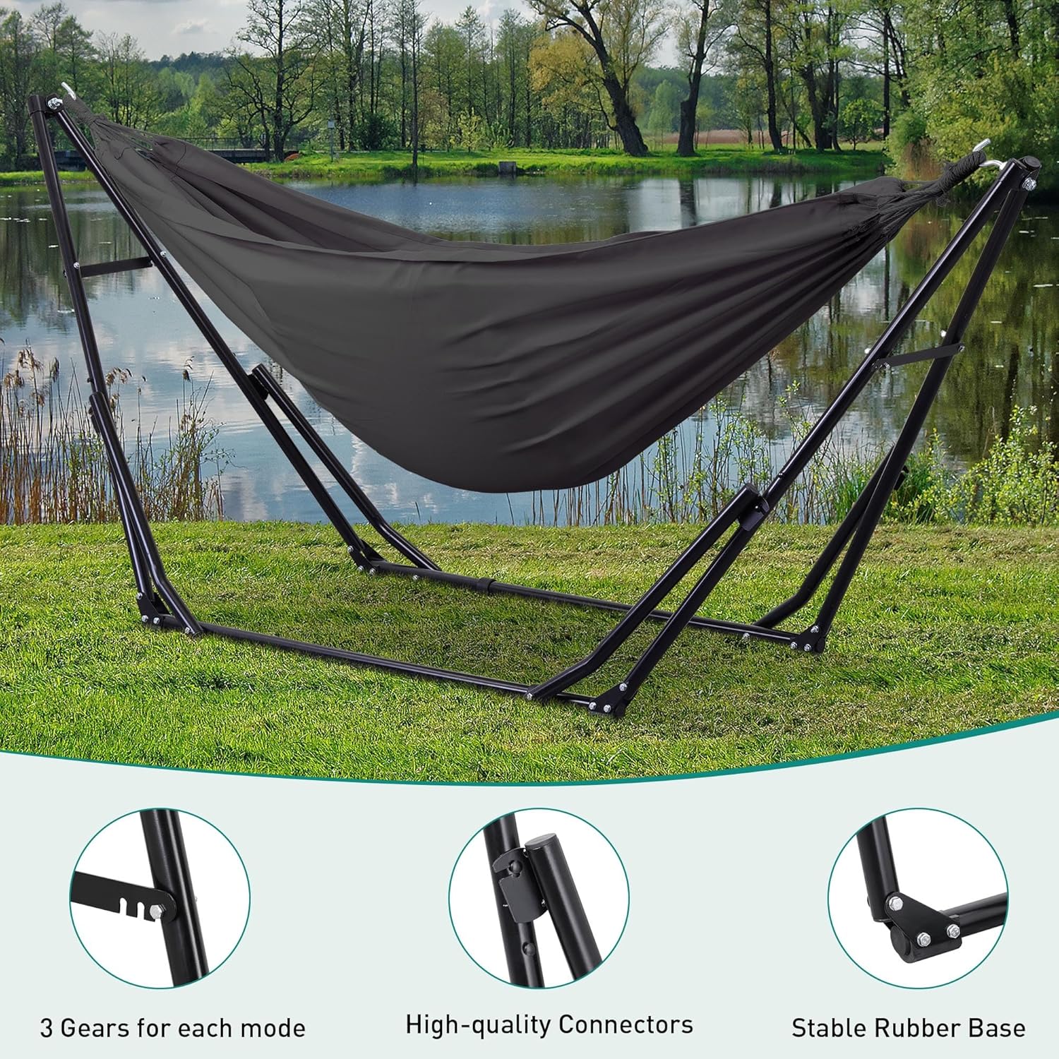 Ainfox Hammock with Foldable Stand, 2 in 1 Hammock and Swinging Chair with Carrying Bag, Portable Camping Chair Suitable for Outside, Swing,Patio,Garden,Camping Trip Grey