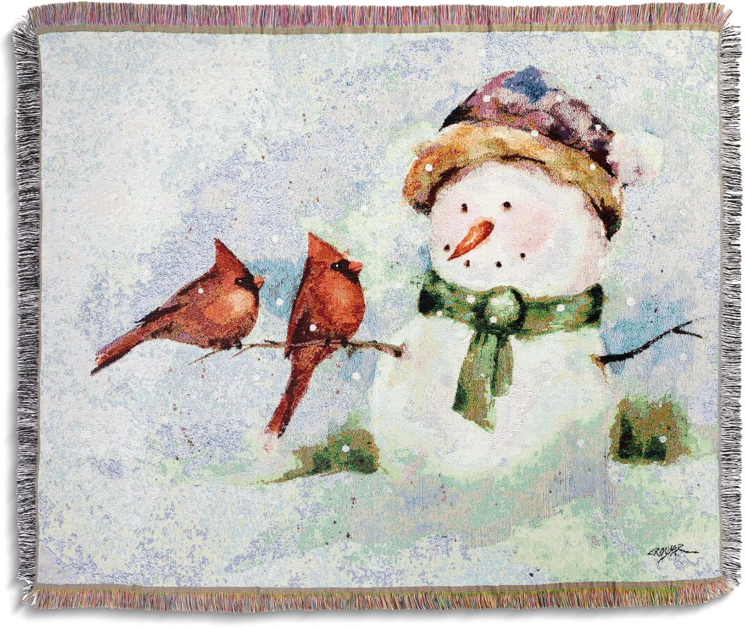 DEMDACO Snowman Watercolor Fringe 60 x 50 Woven Cotton Blend Christmas Throw Blanket