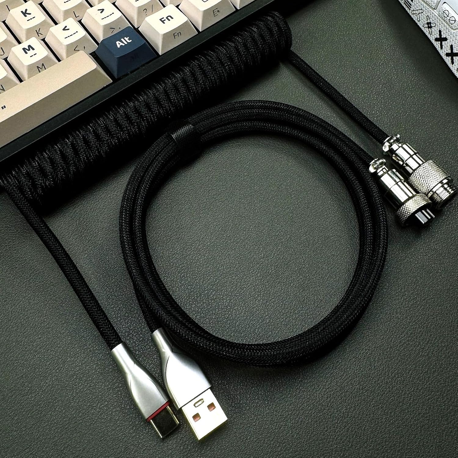 Mechanical Keyboard Aviation Plug Data Cable, Supporting 8KHz Magnetic Axis Keyboard Return Rate, USB-A to Type C Spiral Wear-Resistant Braided Cable, 1.8 Meters (Fluorescent Green)