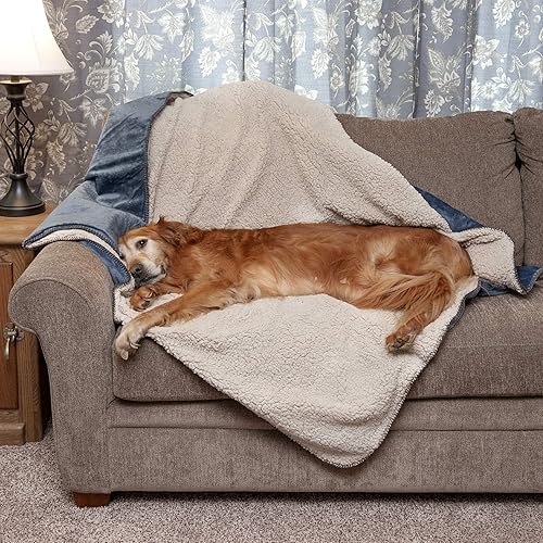 Furhaven Waterproof & Self-Warming Throw Blanket for Dogs & Indoor Cats, Washable & Reflects Body Heat - Terry & Sherpa Dog Blanket - Cozy Denim, Extra Large/XL