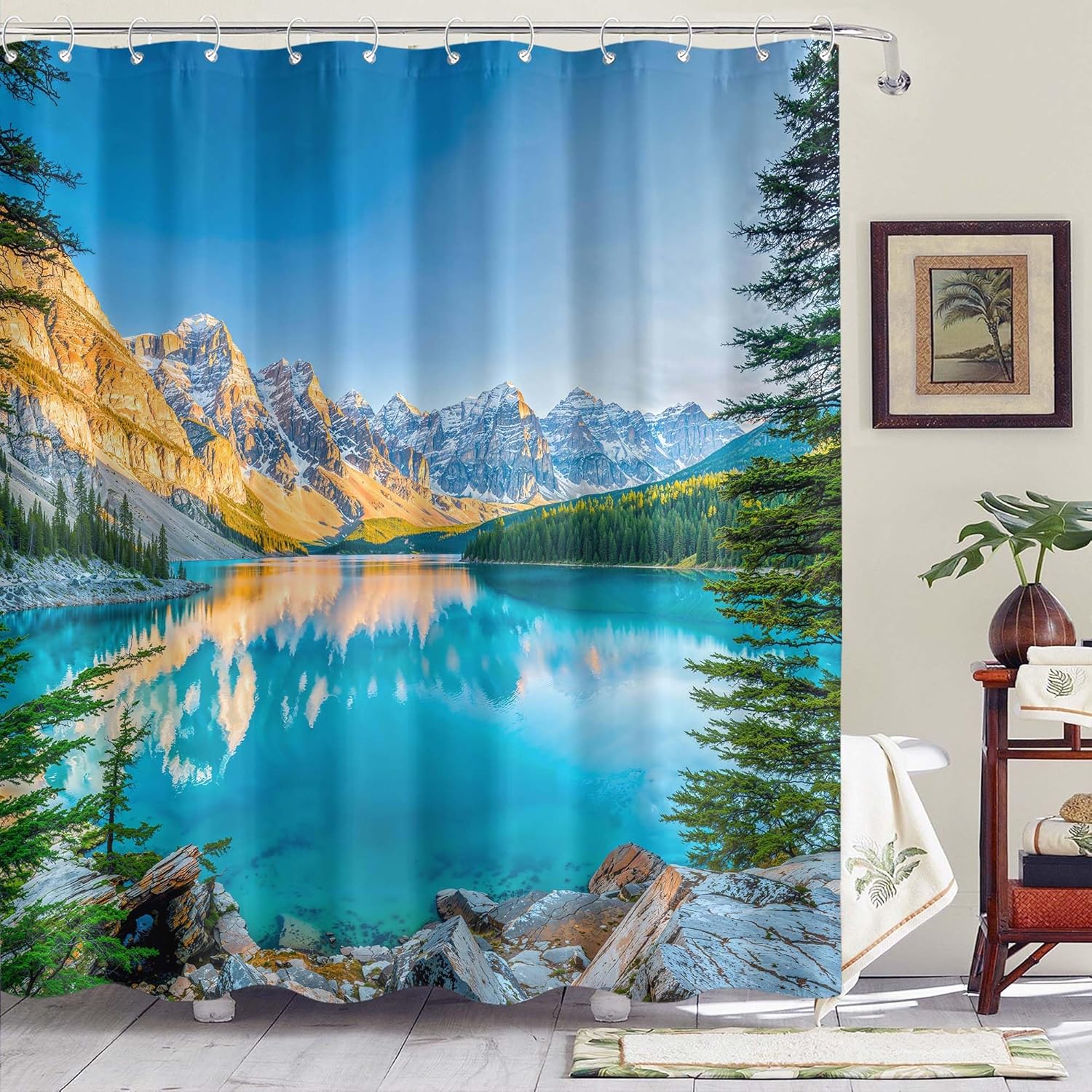 Glacier Mountain Shower Curtain Lake Scenery Bathroom Curtain High-Definition Nature Landscape Shower Curtain Set with 12 Hooks 72x72 Inches