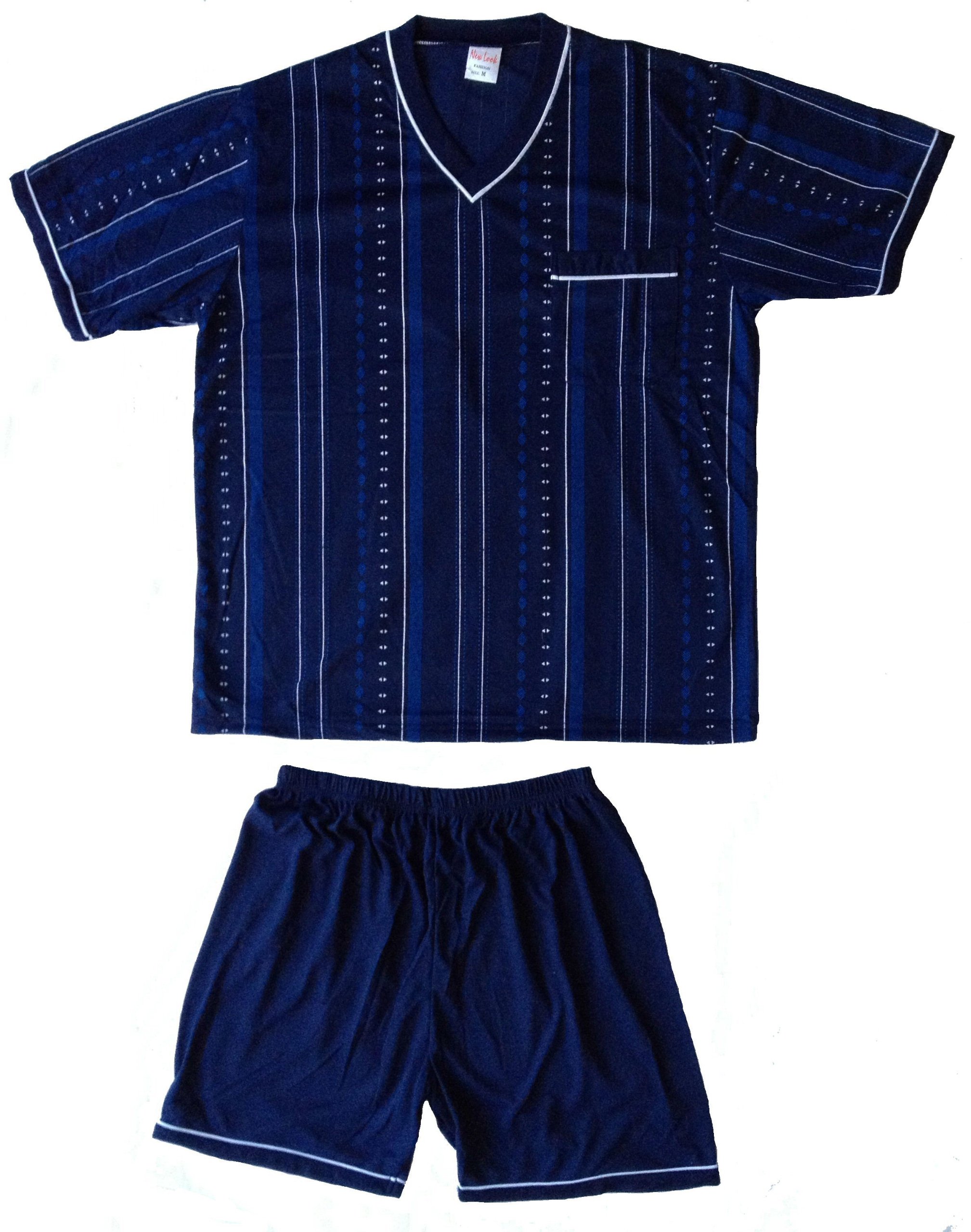 Vexcon Mens Shorty Sleepsuit, Top in Classic Striped Pattern, Elastic V-Collar, Breast Pocket, White Contrast Pipings, Bottom with Elastic Waistband, Colour Navy, Size M-3XL. 100% Cotton