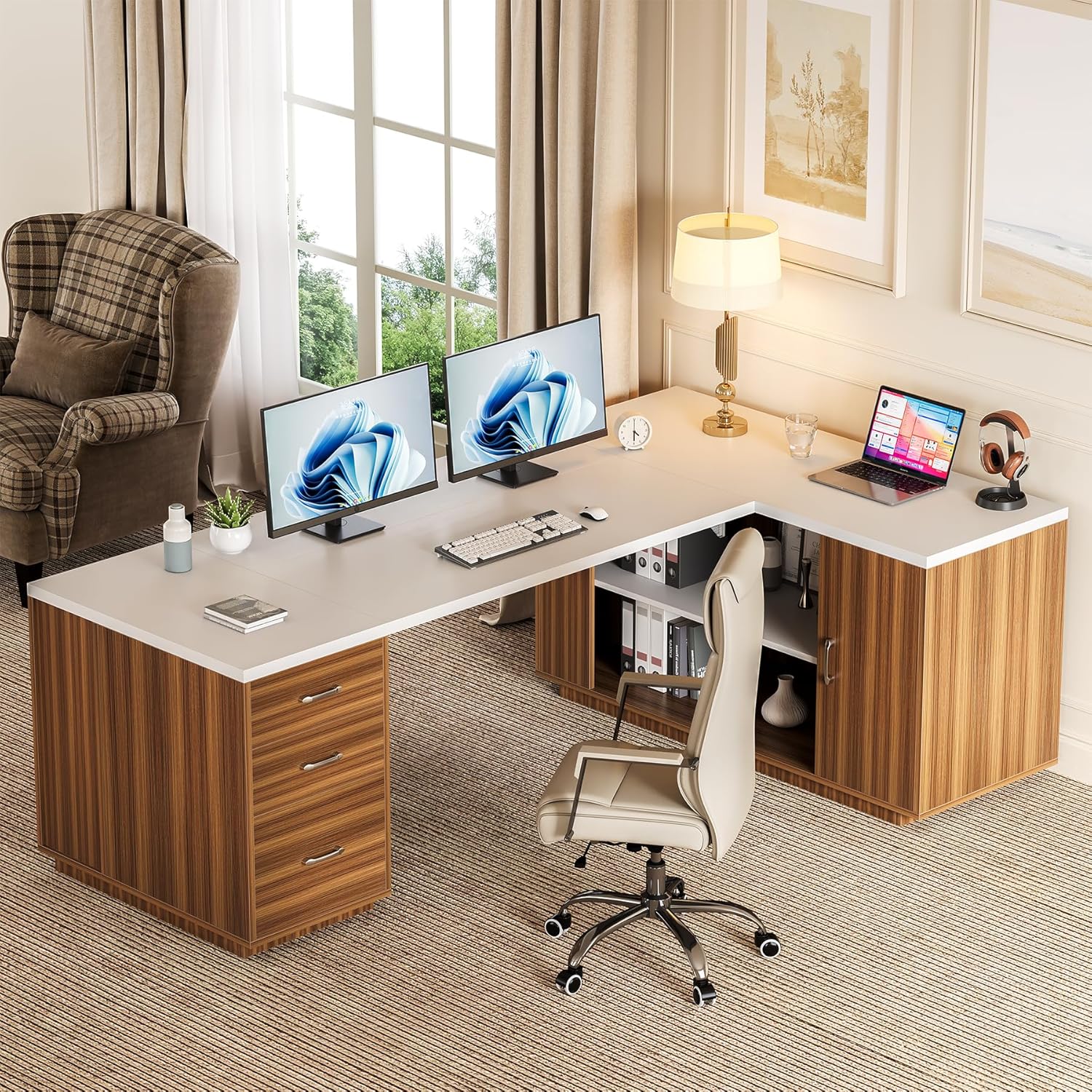LITTLE TREE 87-Inch Modern Executive Desk with File Cabinet, Large Home Office Desk with Drawers, 3-Drawer Wooden File Cabinet, Spacious Workstation for Home Office (White & Brown) White and Brown image 5 of 8 B0F9NZFDBN
