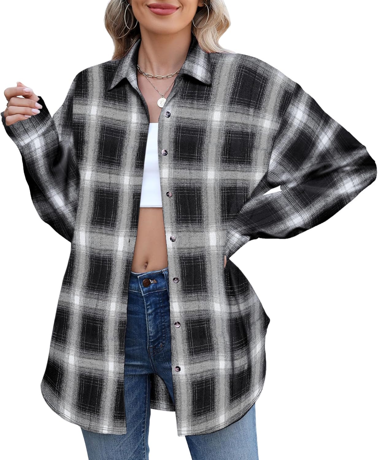 Deer Lady Oversized Flannel Button Down Shirts for Women Long Sleeve Boyfriend Buffalo Plaid Shirt Top with Pockets