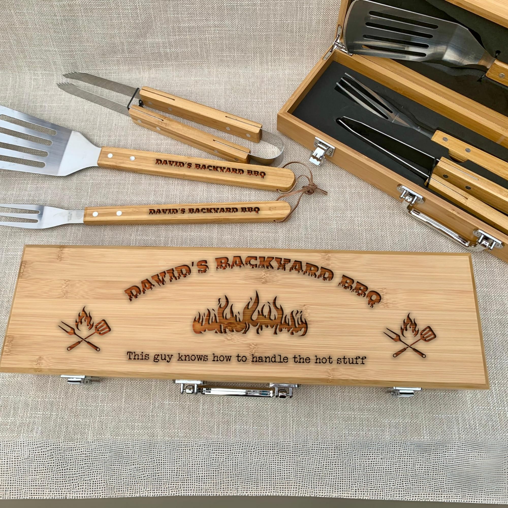 Custom Engraved BBQ Tool Set - Personalized Grill Utensils in Bamboo Case, Perfect Gift for Grill Masters - Includes Customizable Spatula, Fork & Tongs for Father's Day, Christmas, and Birthdays