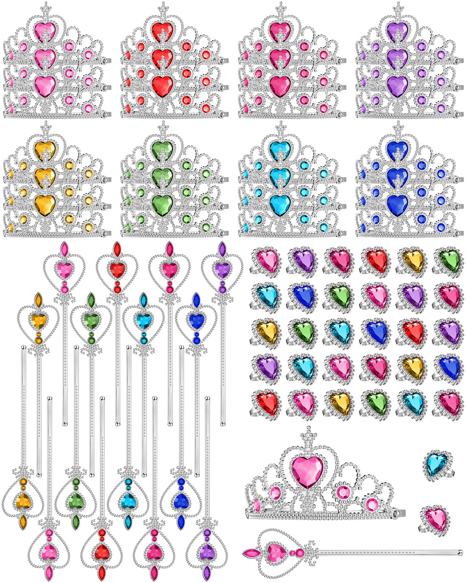 Yingzhao 96 Pcs Princess Pretend Jewelry Toy Plastic Tiara Crown Wand Set Costume Dress up Girls Favors