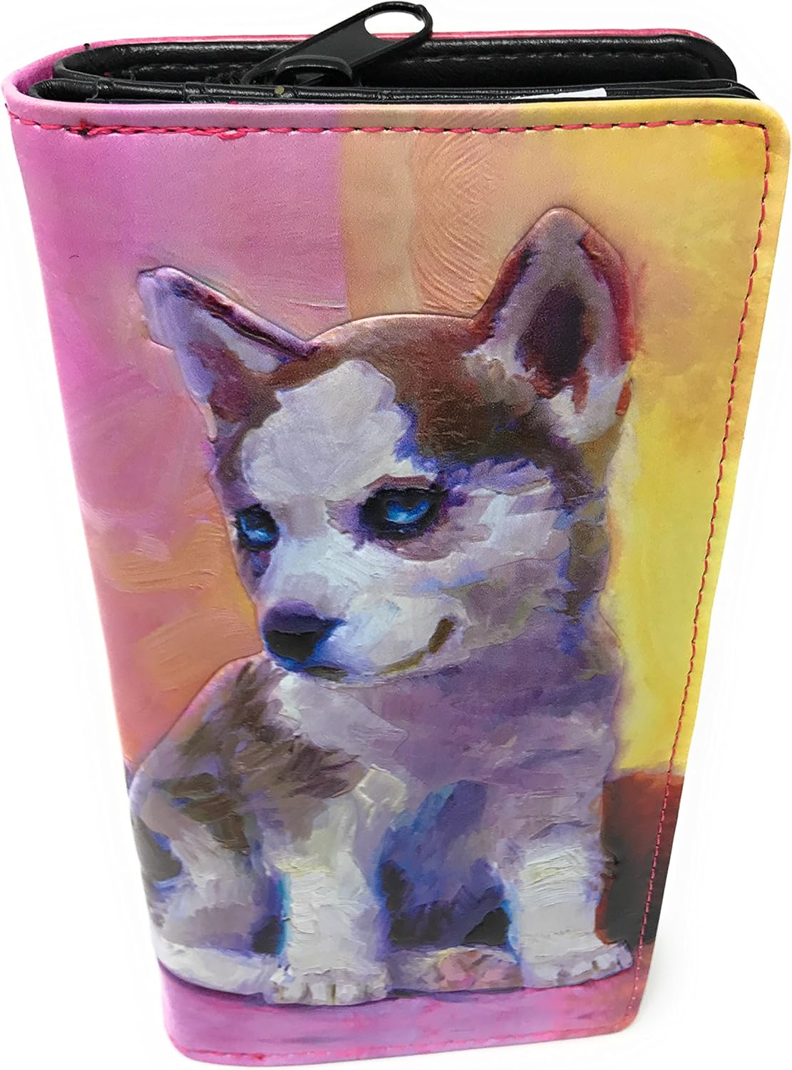 Shag Wear Husky Puppy Large Wallet Vegan Faux Leather Dog Design Clutch with Card Slots Bill Compartments ID Window Zippered Coin Pocket 7" Multicolored