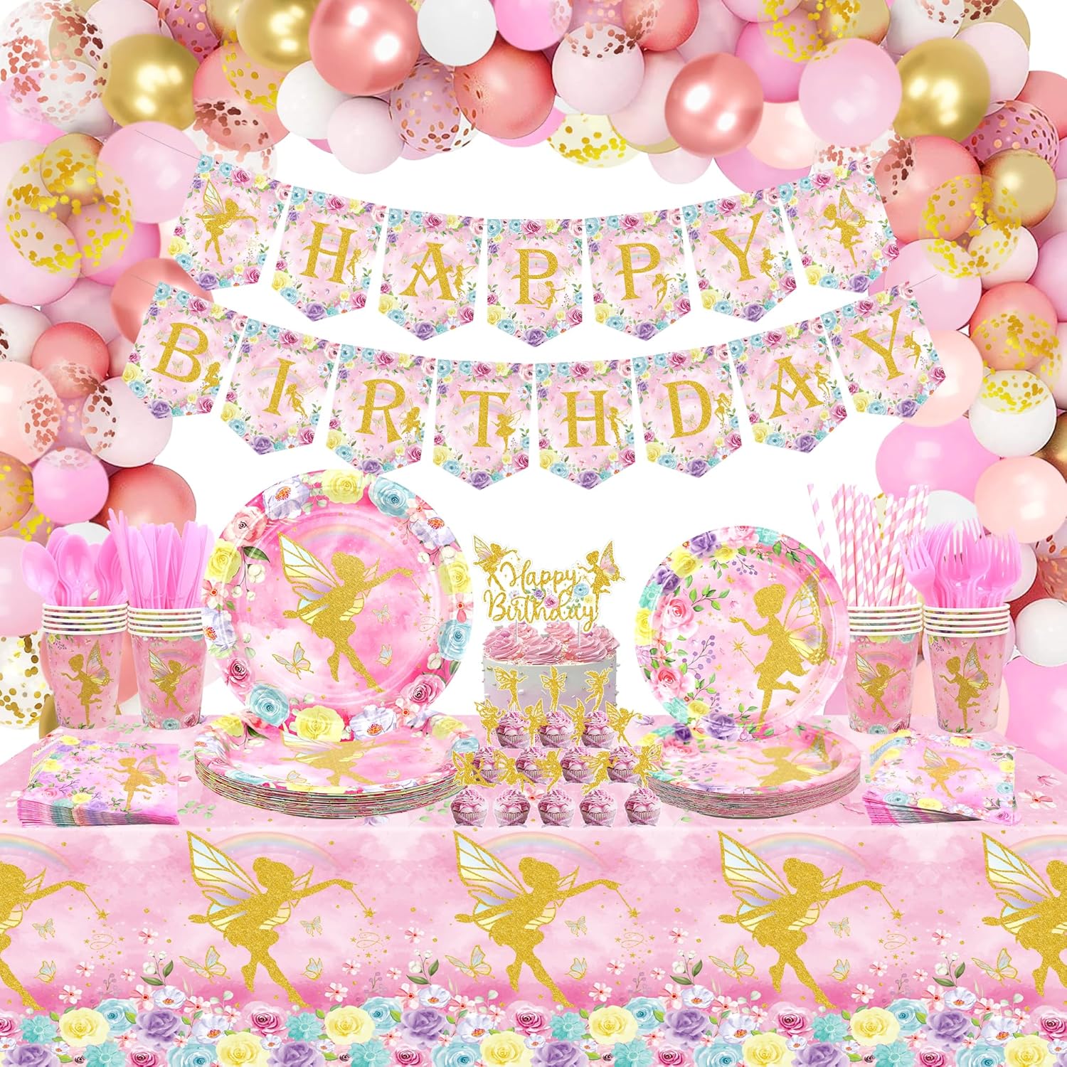 Fairy Birthday Party Decoration Plates Cups Napkins Tablecloth Happy Birthday Banner Balloons Arch Cake Toppers for Fairy Flower Girls Butterfly Party Supplies