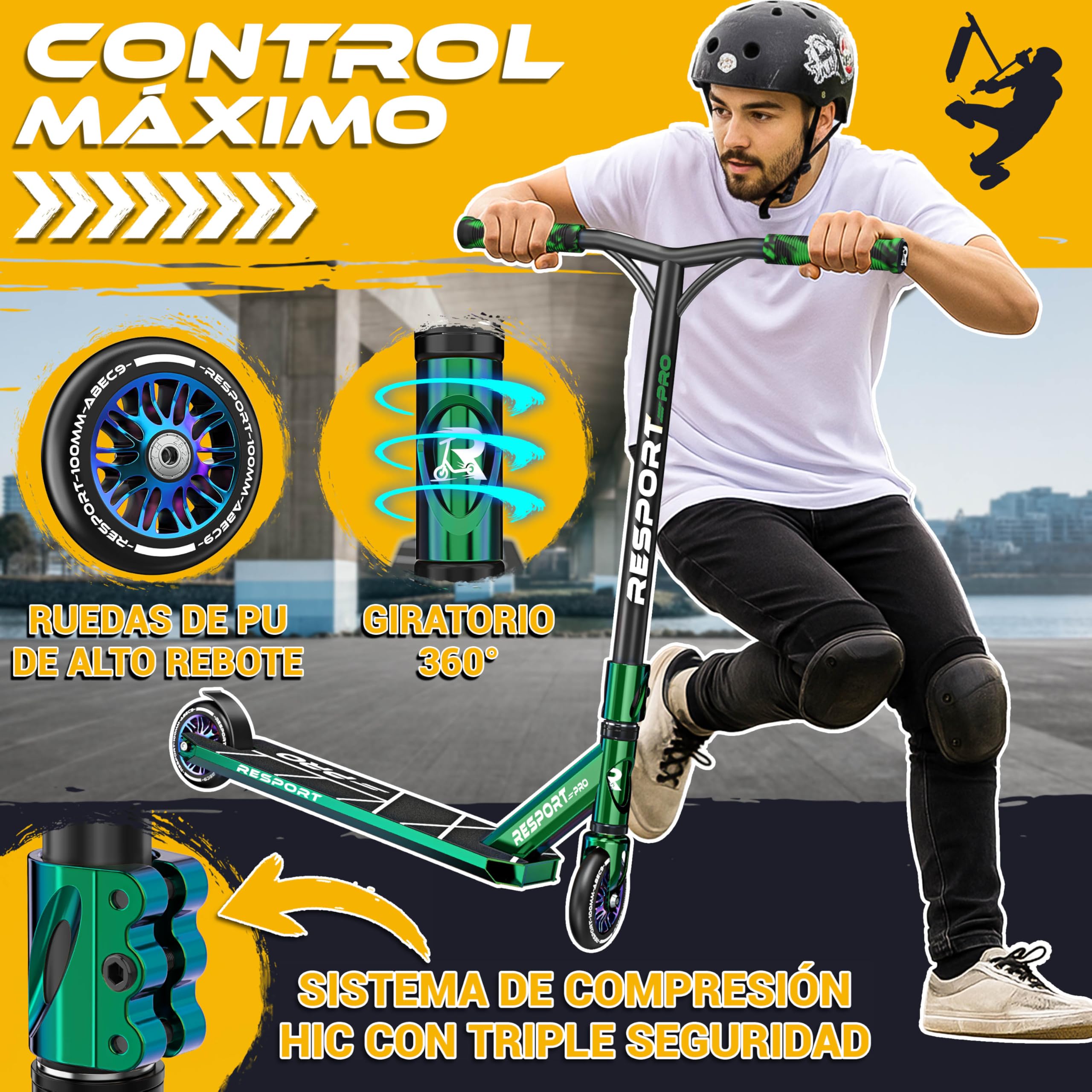 RE:SPORT Patinete de acrobacias Revo Pro para niños y adultos con soporte, patinete profesional de 110 mm, ruedas de poliuretano y barra en Y, patinete de acrobacias, patinete ABEC 9, rodamientos de — view 2