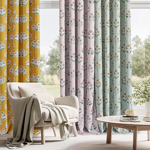 Miniatura 4 de RYB HOME 100% Blackout Mustard Yellow Floral Curtains for Living Room, Patterned Flower Curtains 84 Inches Long, Thermal Insulated Drapes Window