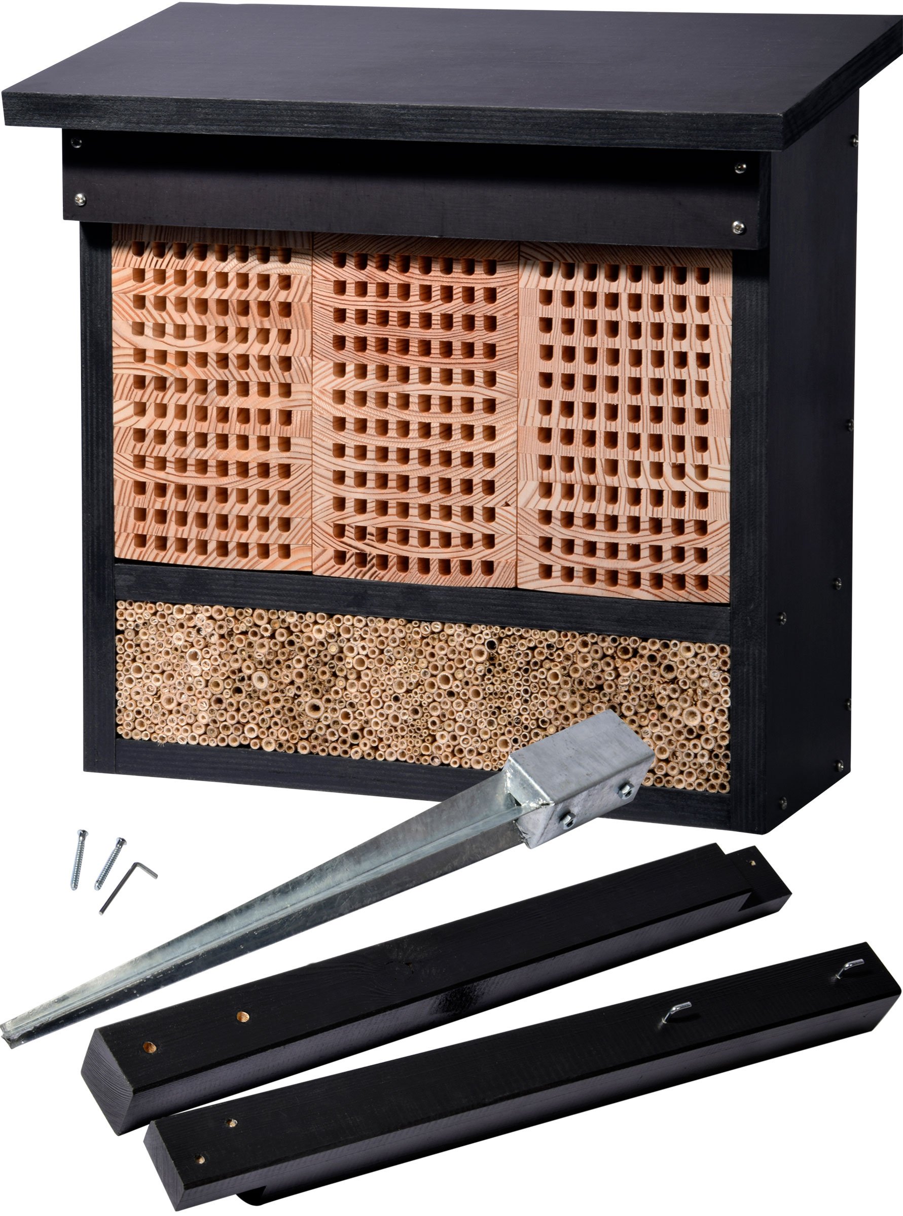LUXUS-INSEKTENHOTELS 22700e Großes Profi-Wildbienenhotel - Wildbienen-Nisthilfe Holz - Insektenhotel mit Ständer - Wildbienenhaus mit Lärchenholz und Schilf - 42,5 x 18 x 150 cm - Dunkelbraun