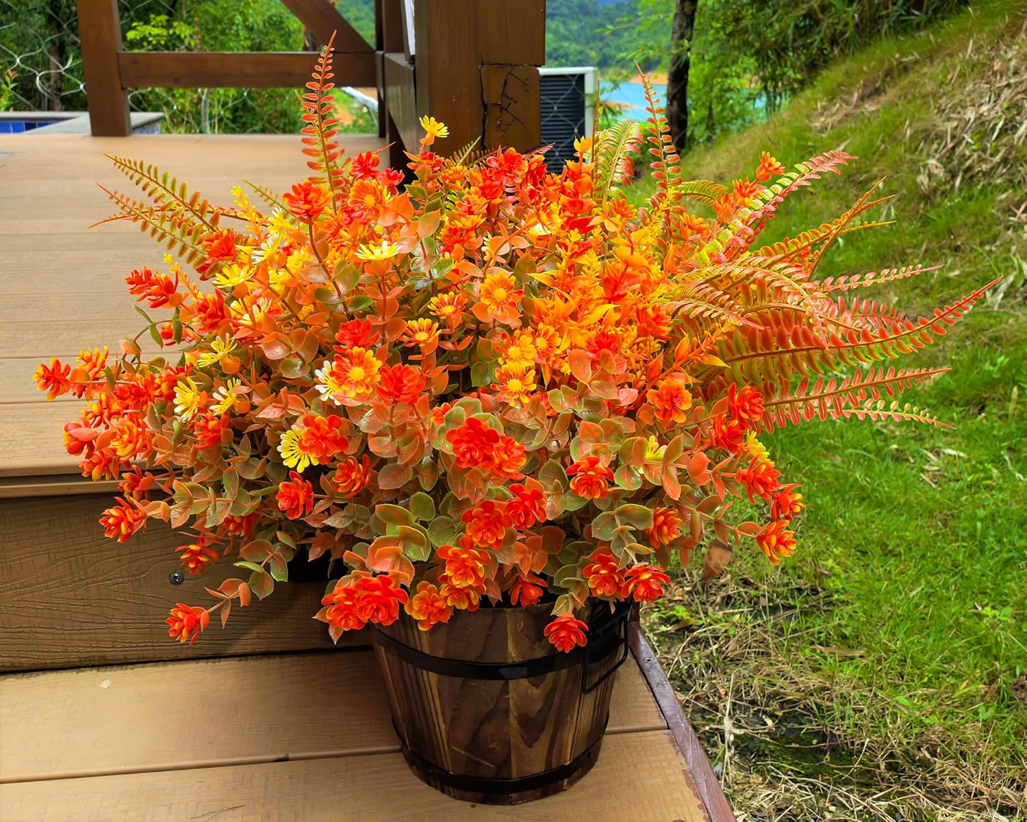 TSTWETO 18 PCS Artificial Mums Fall Flowers for Outdoors, Artificial Plants Outdoor Fake Mums UV Resistant, Outdoor Fake Plants Plastic Faux Flowers for Porch Window Box Garden (Orange Red)